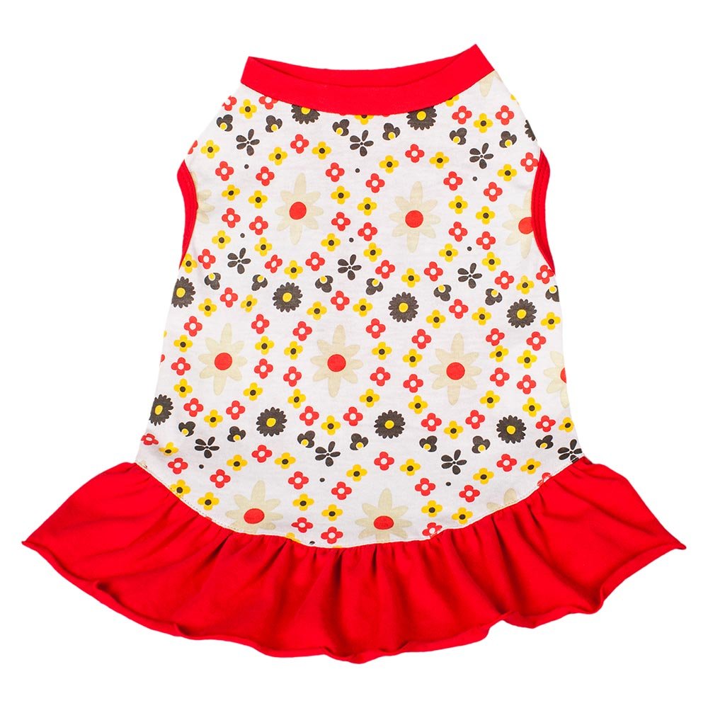 Blueberry Pet Red & Sunshine Yellow Floral Cotton Dog Dress, Back Length 14, Pack of 1 Clothes for Dogs