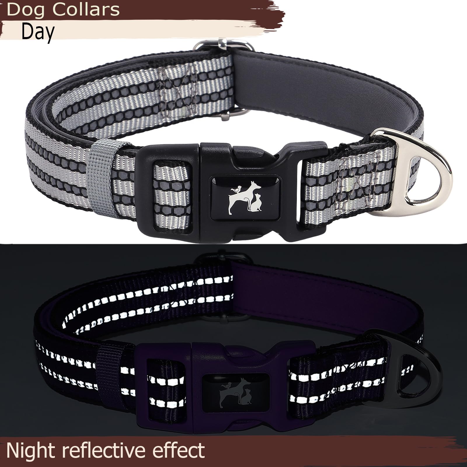 Maowuwujoz Reflective Dog Collar With Soft Neoprene Padded, Adjustable Breathable Nylon Pet Collar For Medium Dogs (Silver M)