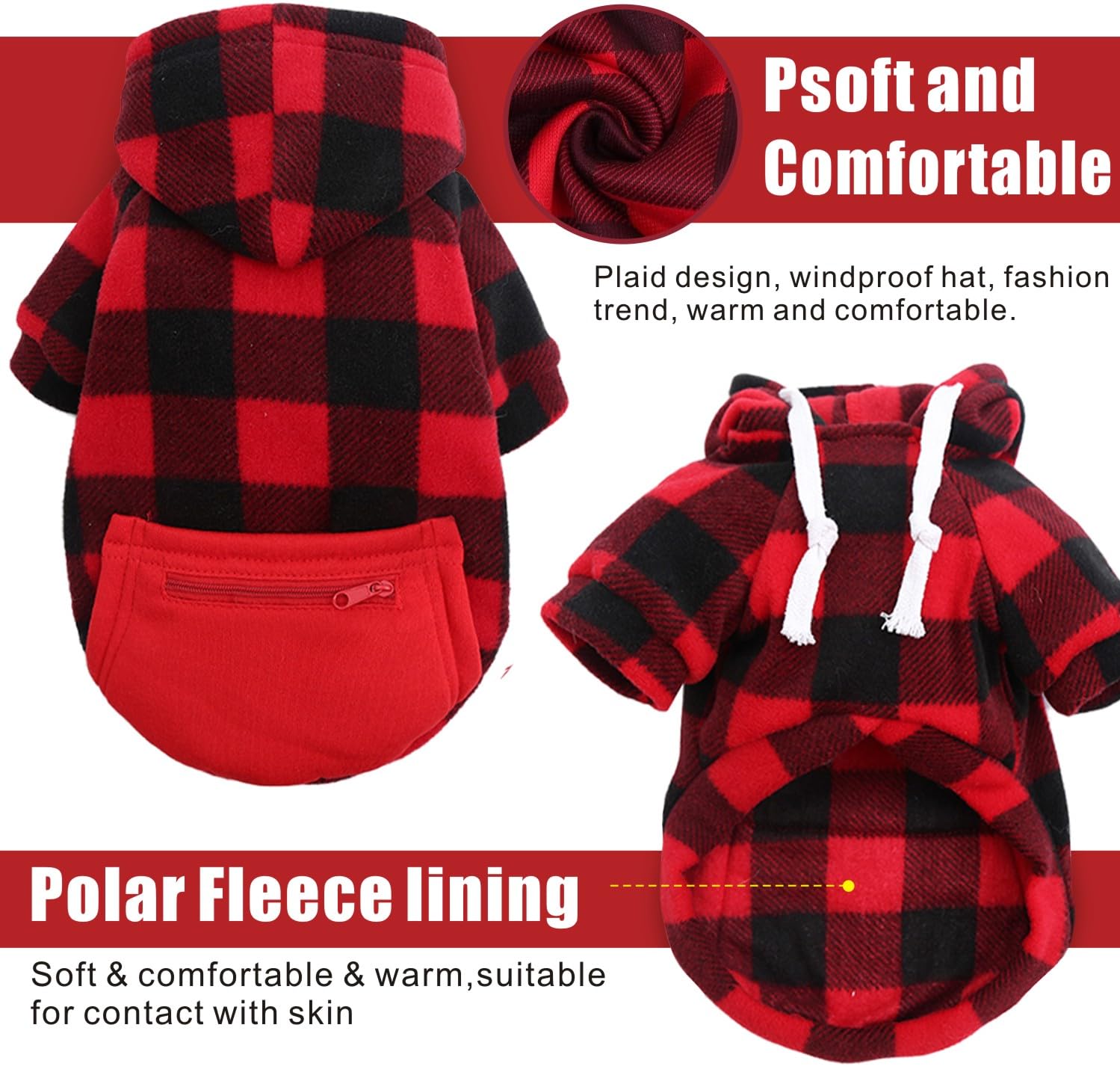 Mrcopetal Plaid Dog Sweatshirt & Puppy Sweater - Soft Brushed Fleece Hoodie With Zipper Pocket For Winter - Small To 2Xl