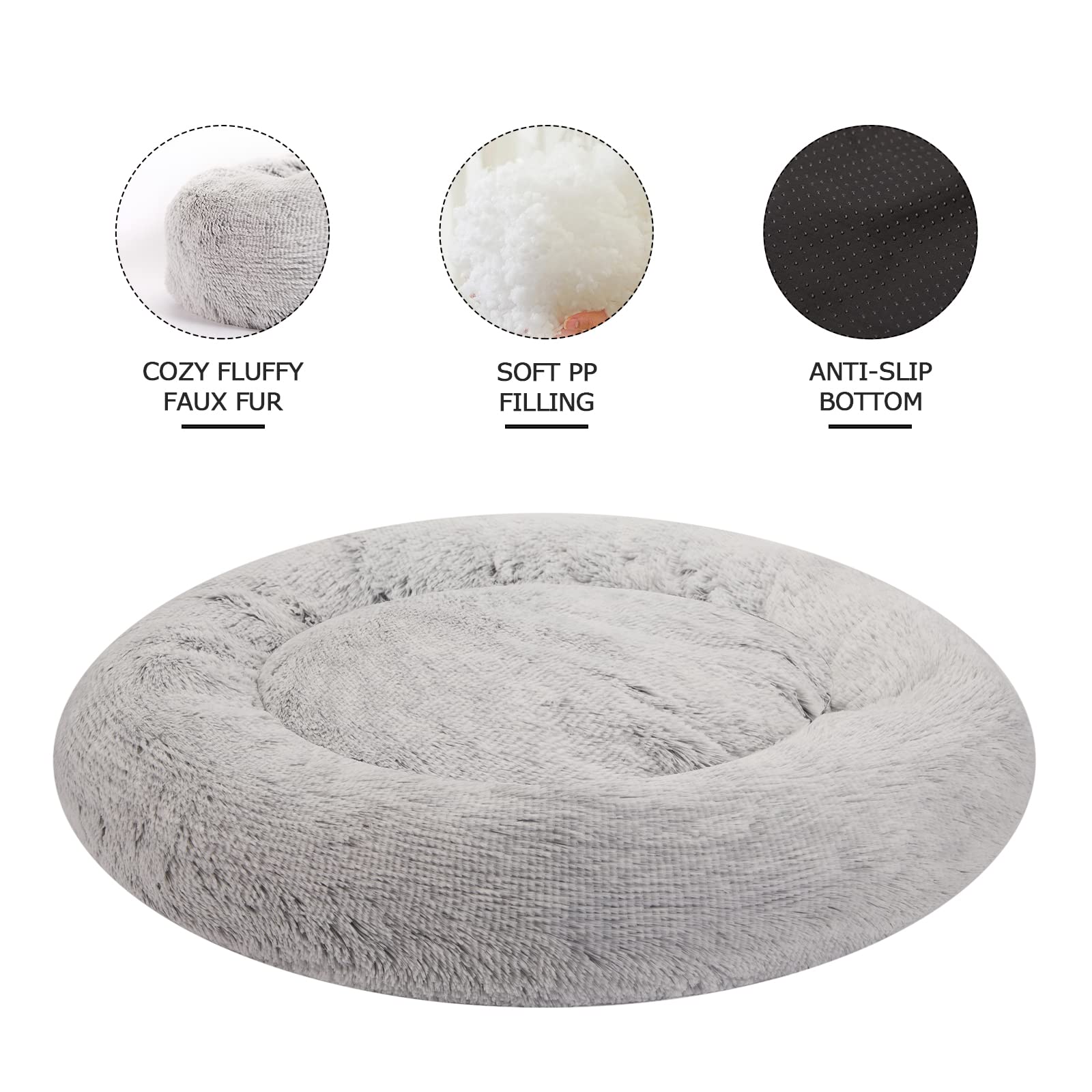 Bedfolks Calming Donut Dog Bed, 30" Round, Light Grey, Plush Faux Fur, Anti-Anxiety, Machine Washable for Medium Dogs