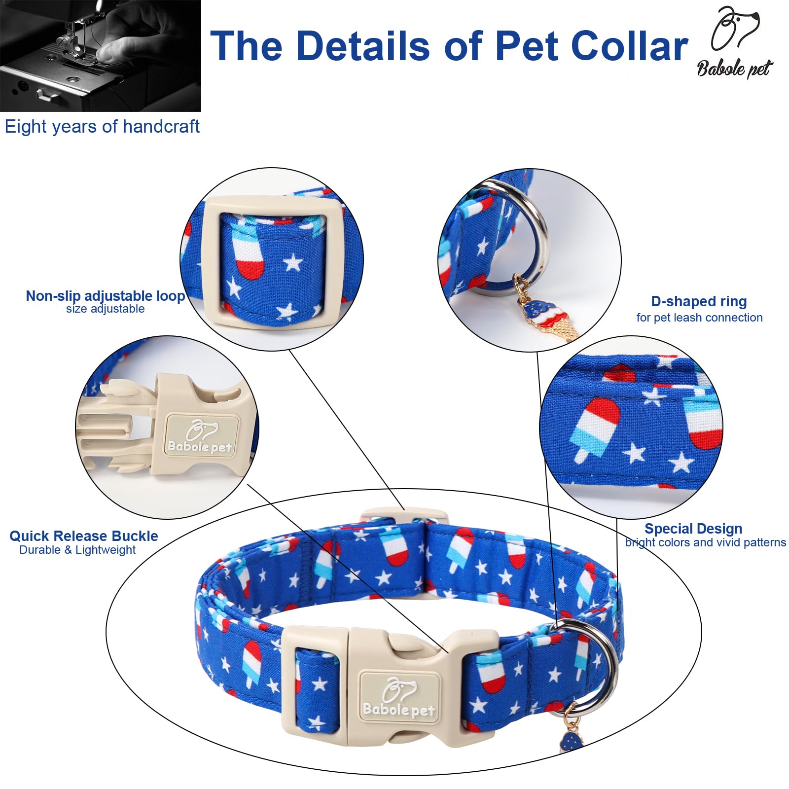 Babole Pet 4Th Of July Dog Collar, Summer Popsicle Patriotic Dog Collars For Large Dogs, Adjustable Lightweight Quick-Release Bu