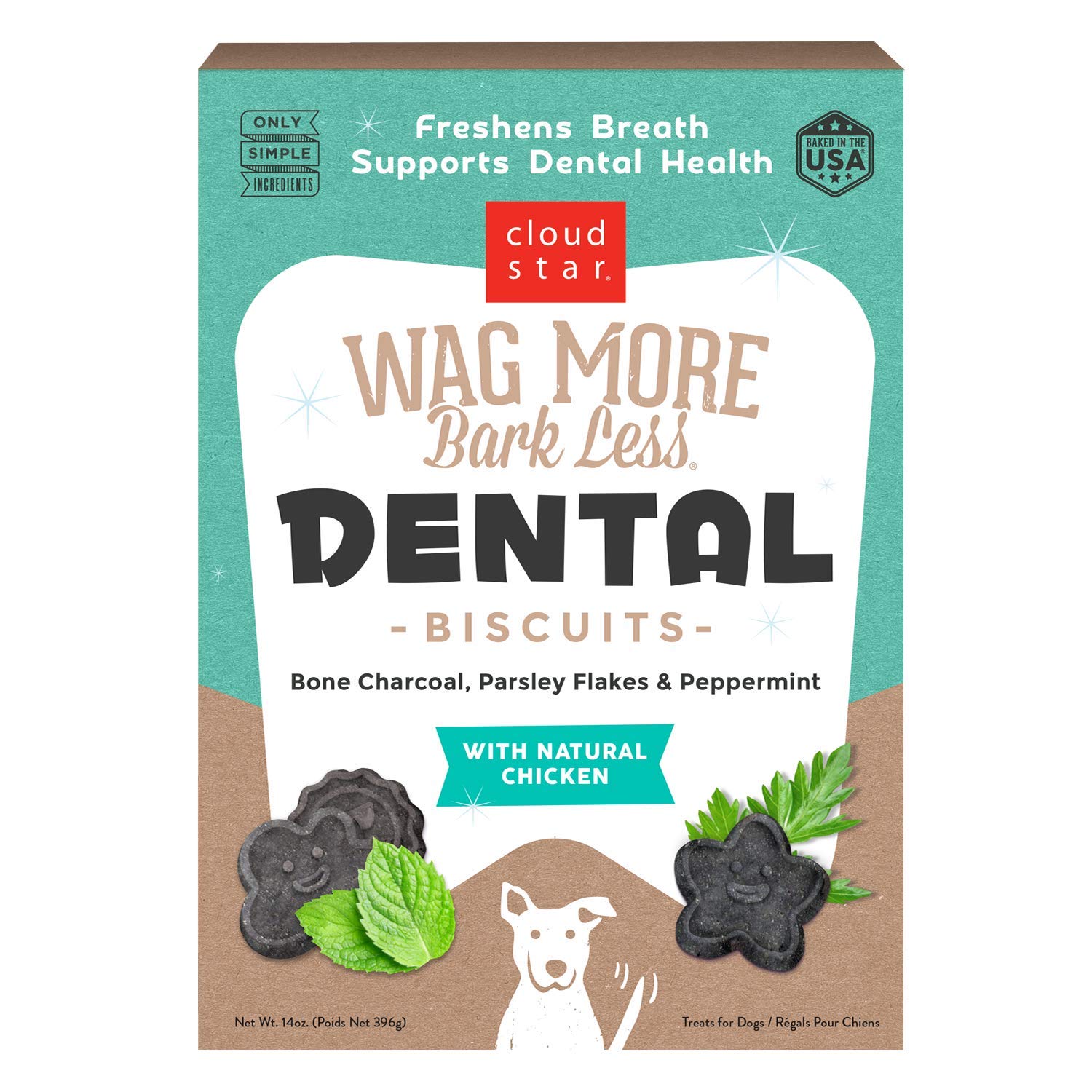 Cloud Star Wag More Bark Less Crunchy Dental Dog Treats, Chicken, Bone Charcoal, Parsley & Mint, 14 oz. Box