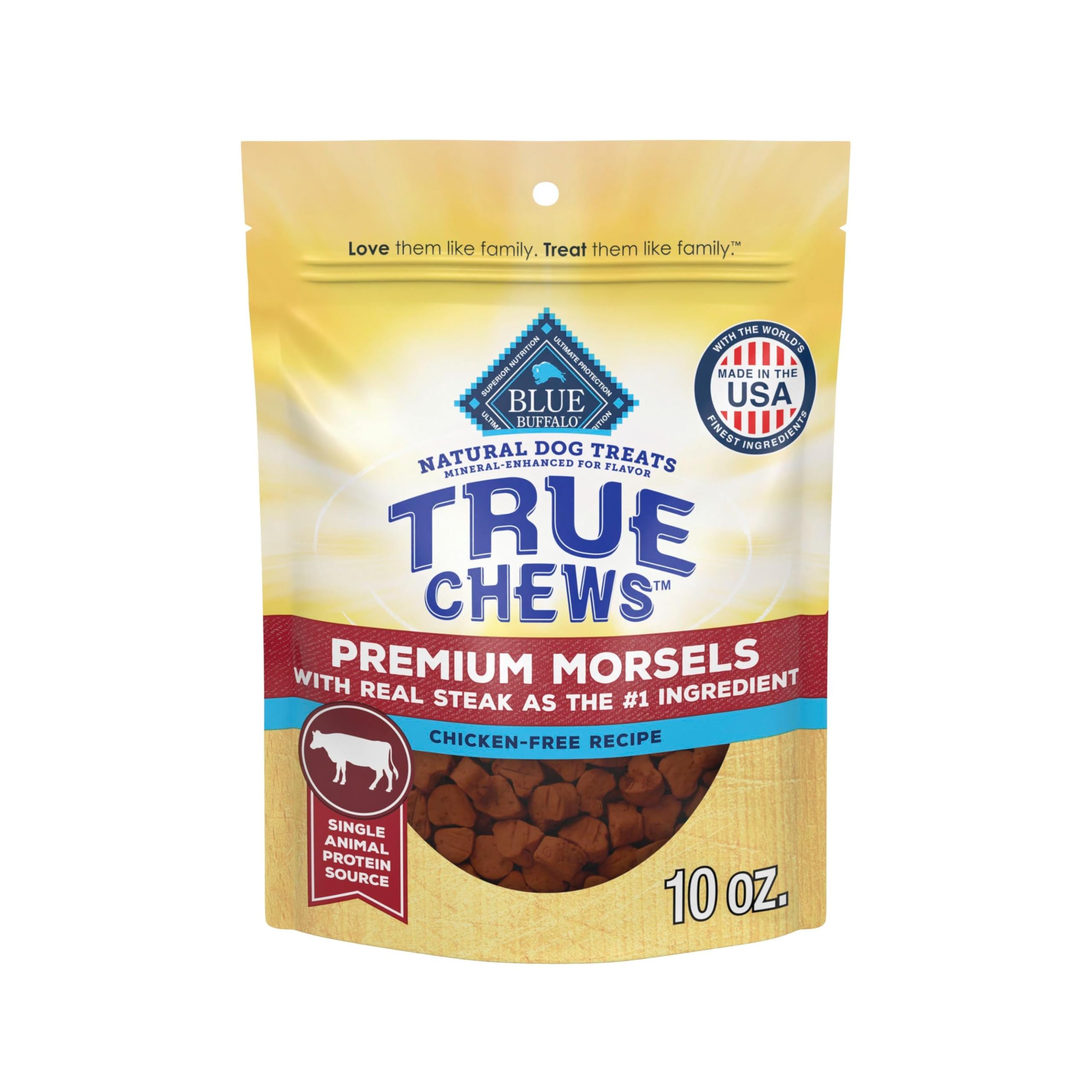 Blue Buffalo True Chews Premium Morsels Dog Treats, Made in The USA with Natural Ingredients, Steak, 10-oz Bag