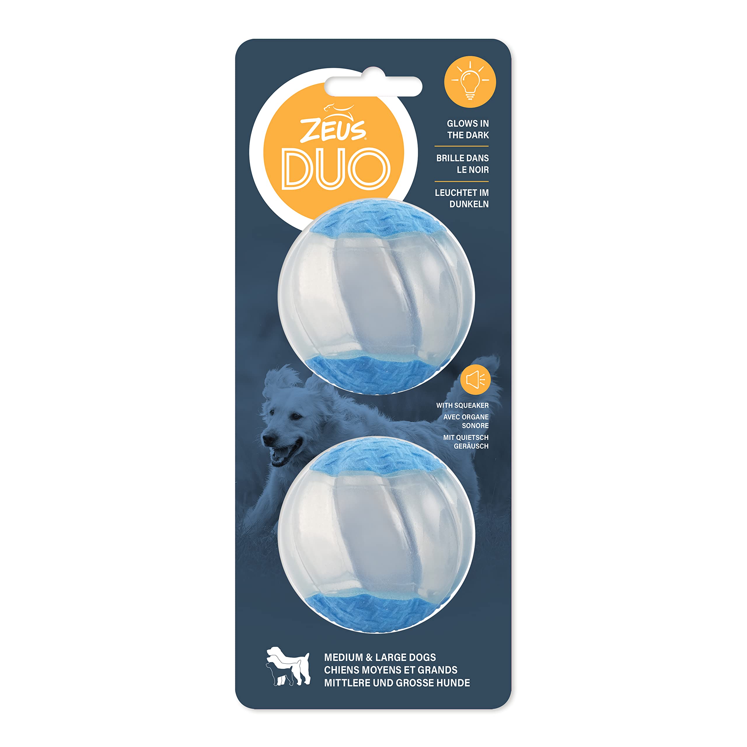 ZEUS Duo Balls with Glow in The Dark & Squeaker, Interactive Dog Toys, Large (96290)