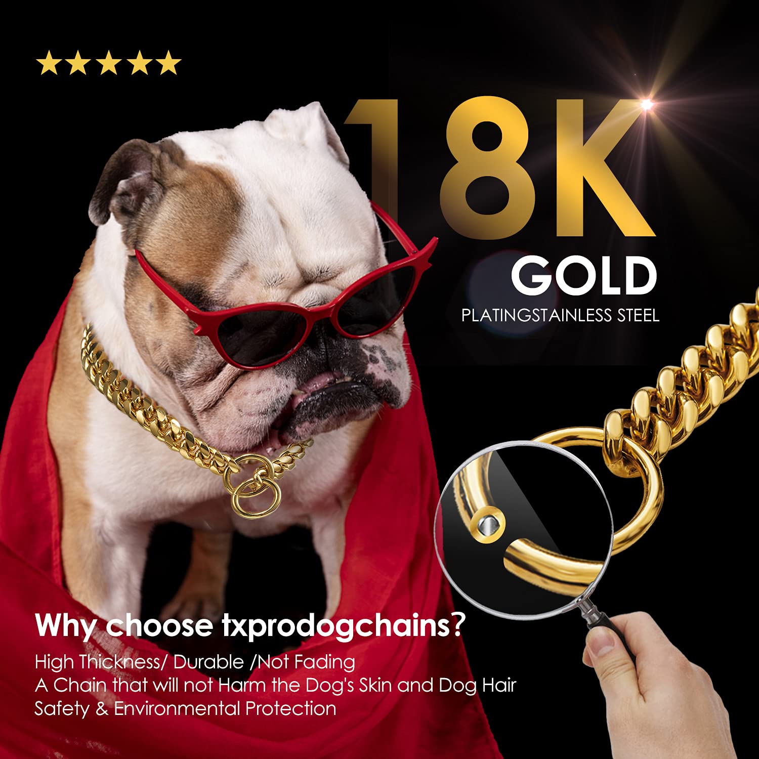 txprodogchains Rose Gold Cuban Link Dog Collar - Stainless Steel, 22" (Fits 18"-20") for Small to Large Dogs