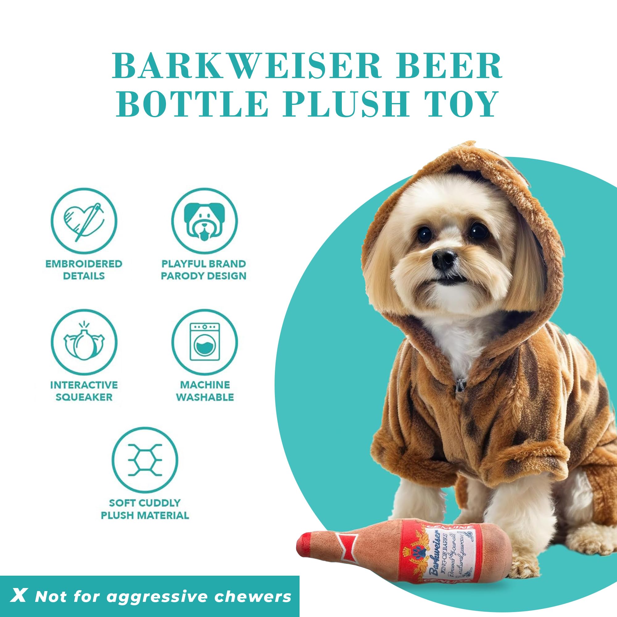 Haute Diggity Dog Barkweiser Beer Bottle, Plush Designer Dog Toys With Interactive Squeaker, Stimulating Pet Enrichment, Machine