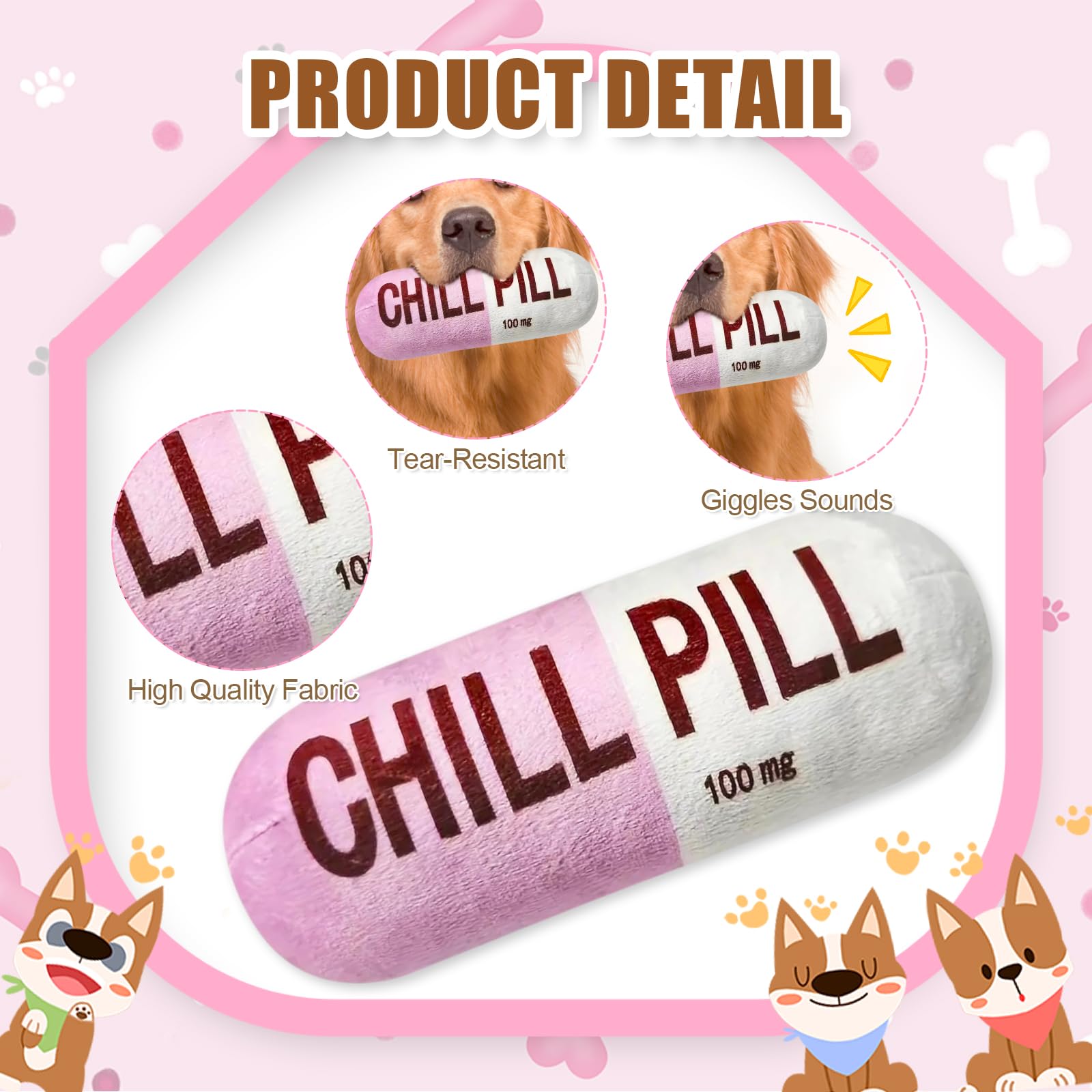 Wanheart Funny Chill Pill Dog Toy, Squeaky Plush Capsule For Teething Puppies & Cats, Interactive Chew Gift With Bite-Resistant