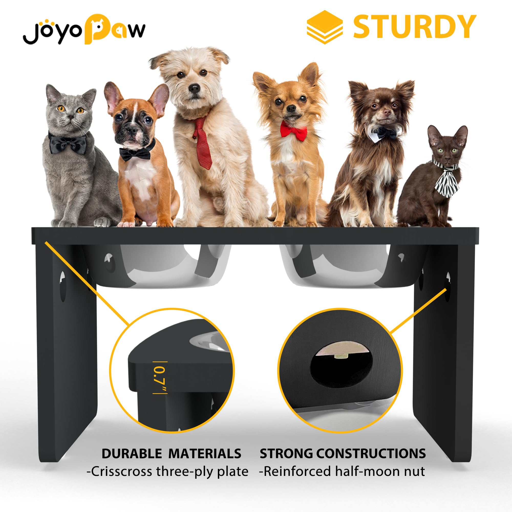 JOYOPAW Elevated Dog Bowls - Bamboo Raised Bowl for Large & Medium Dogs, 10'' Tall, Black, 2 Stainless Steel Bowls, Model FR01