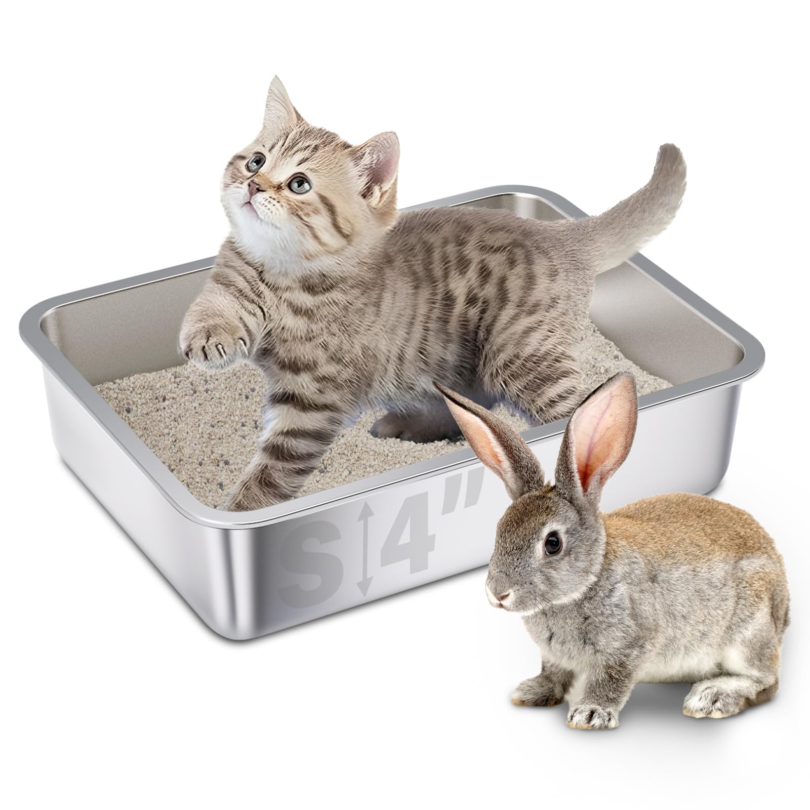 FUTAM Small Stainless Steel Litter Box,15.7x11.8x4 Kitten Litter Box, Easy Clean Non Stick Easy Entry No Smell Metal Litterbox f