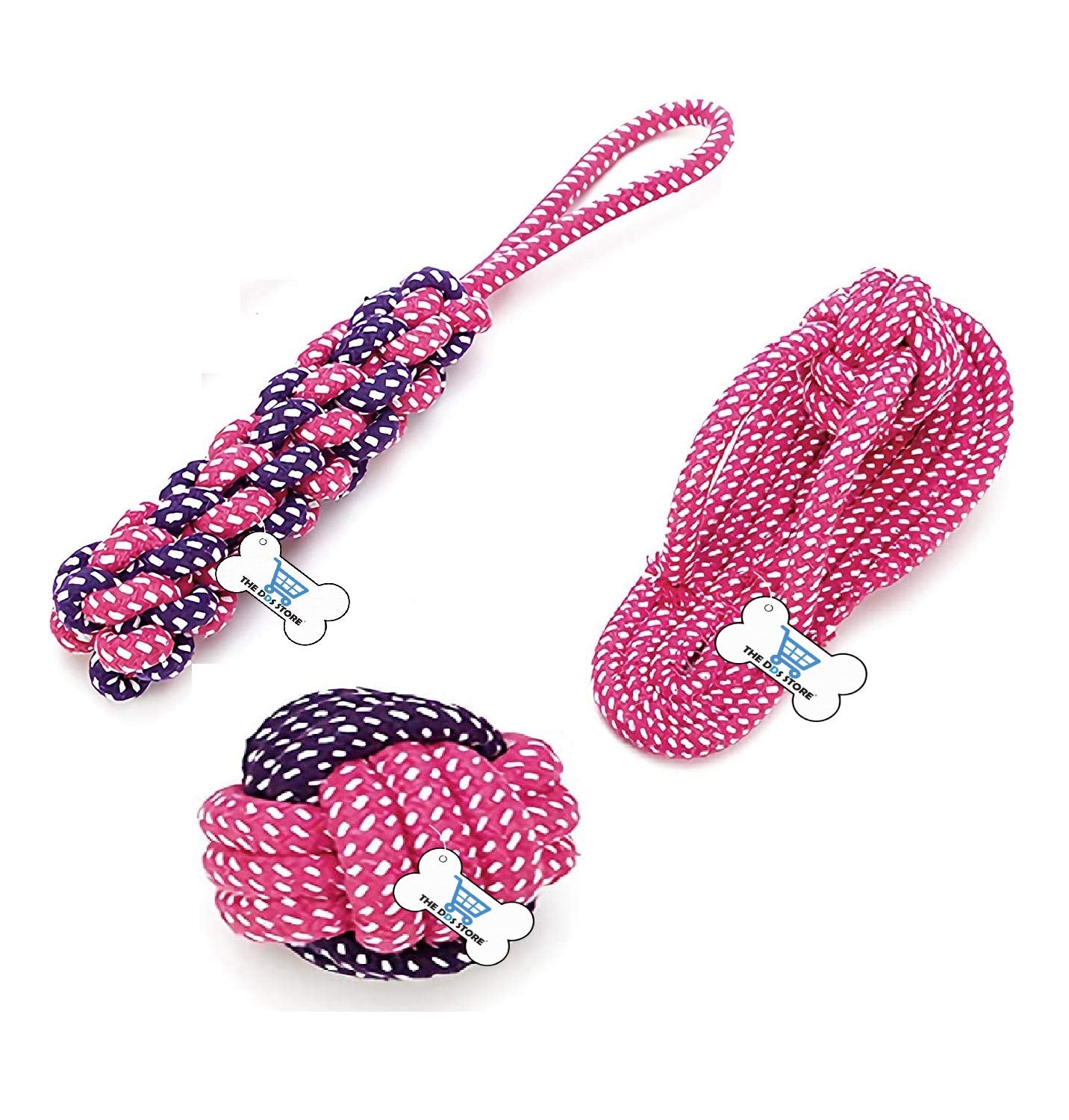 The Dds Store Combo Of 3 Durable Pet Teeth Cleaning Chewing Biting Knotted Small Puppy Toys 100% Natural & Safe Cotton Dog Rope