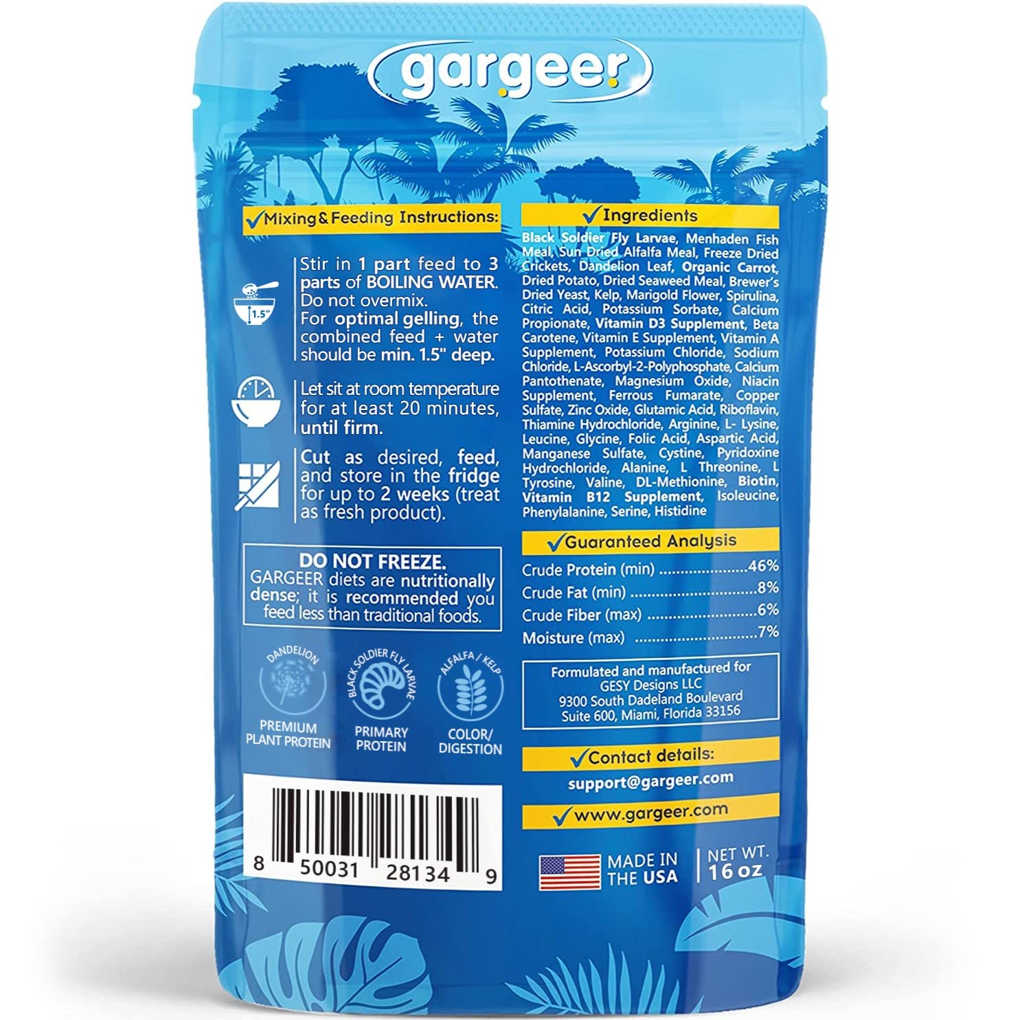 Gargeer 16oz Bearded Dragon Food. Complete Gel Diet for Both Juveniles and Adults. Proudly Made in The USA, Using Premium Ingred
