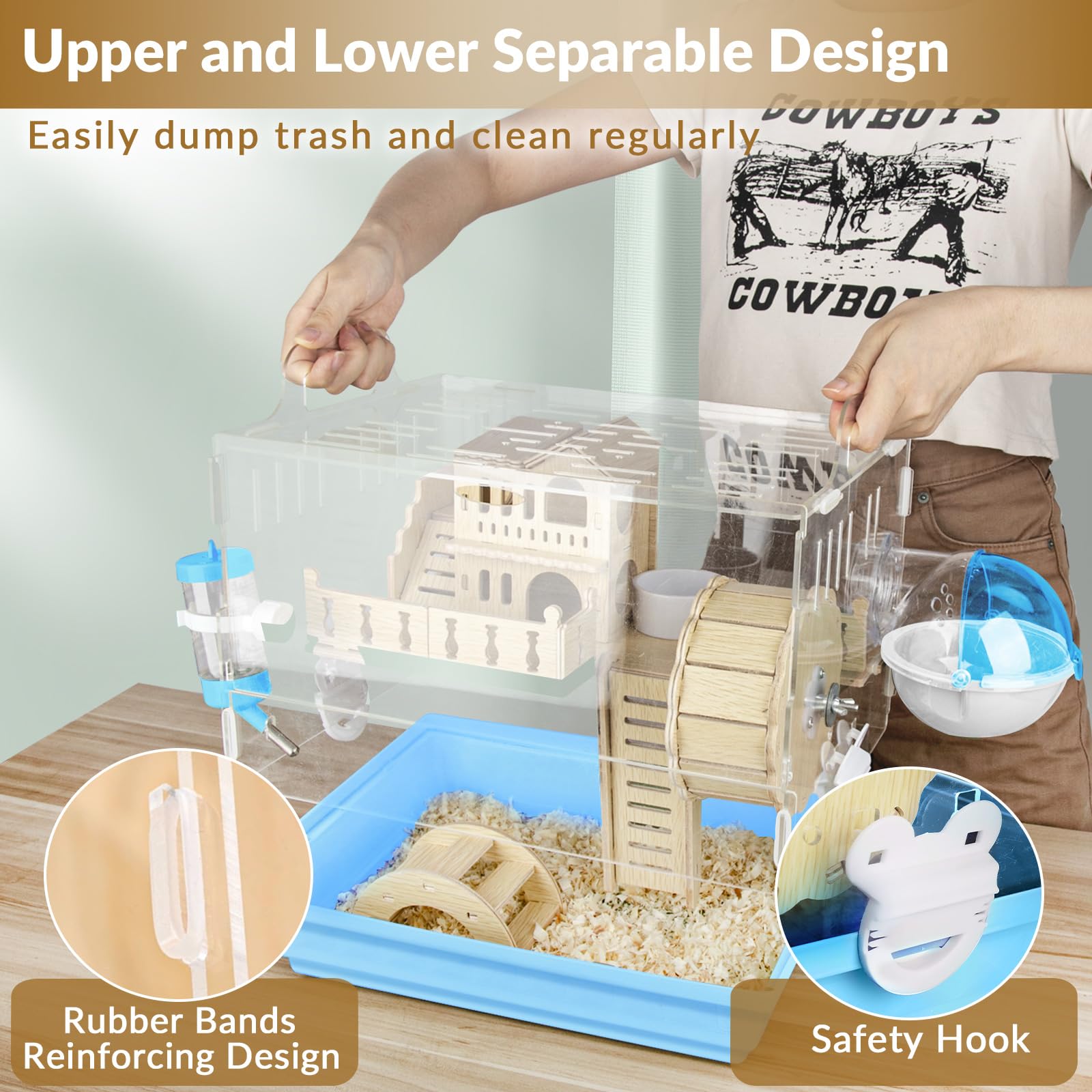 Cycodo 8 in 1 Acrylic Hamster Cage, 2-Tier Small Animal Habitat, 14"L x 10"W x 11"H, Green with Wooden Wheel & Hideout