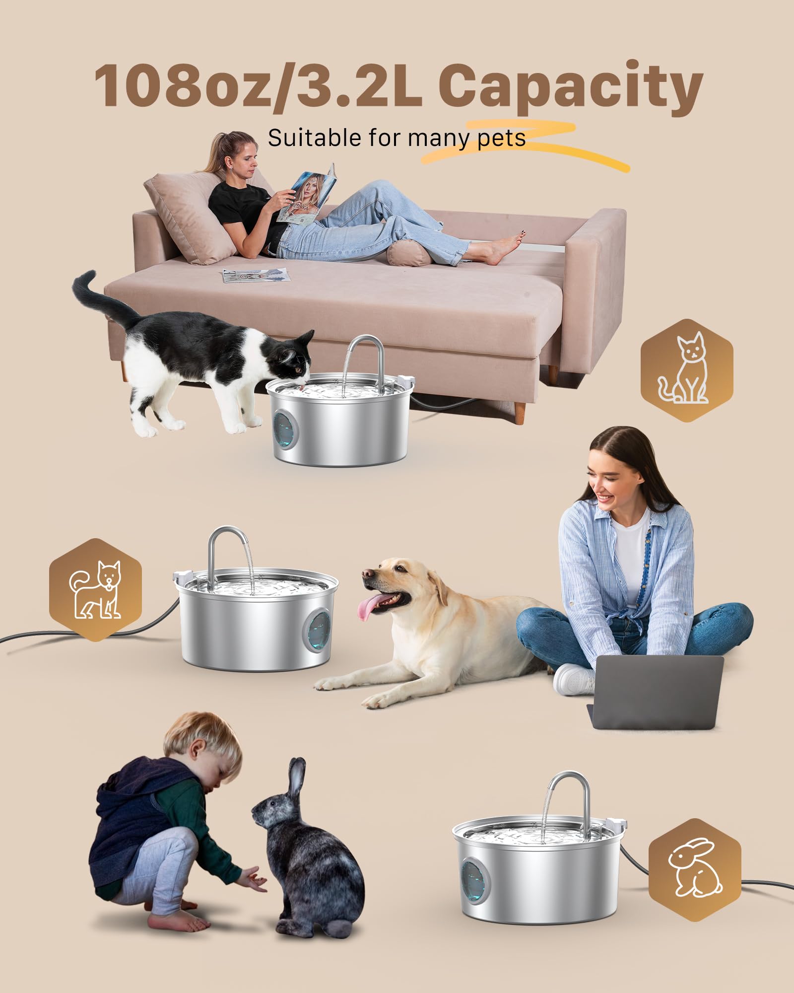 Stainless Steel Pet Water Fountain: 108Oz/3.2L Cat Fountains With Led Light - Metal Bowl