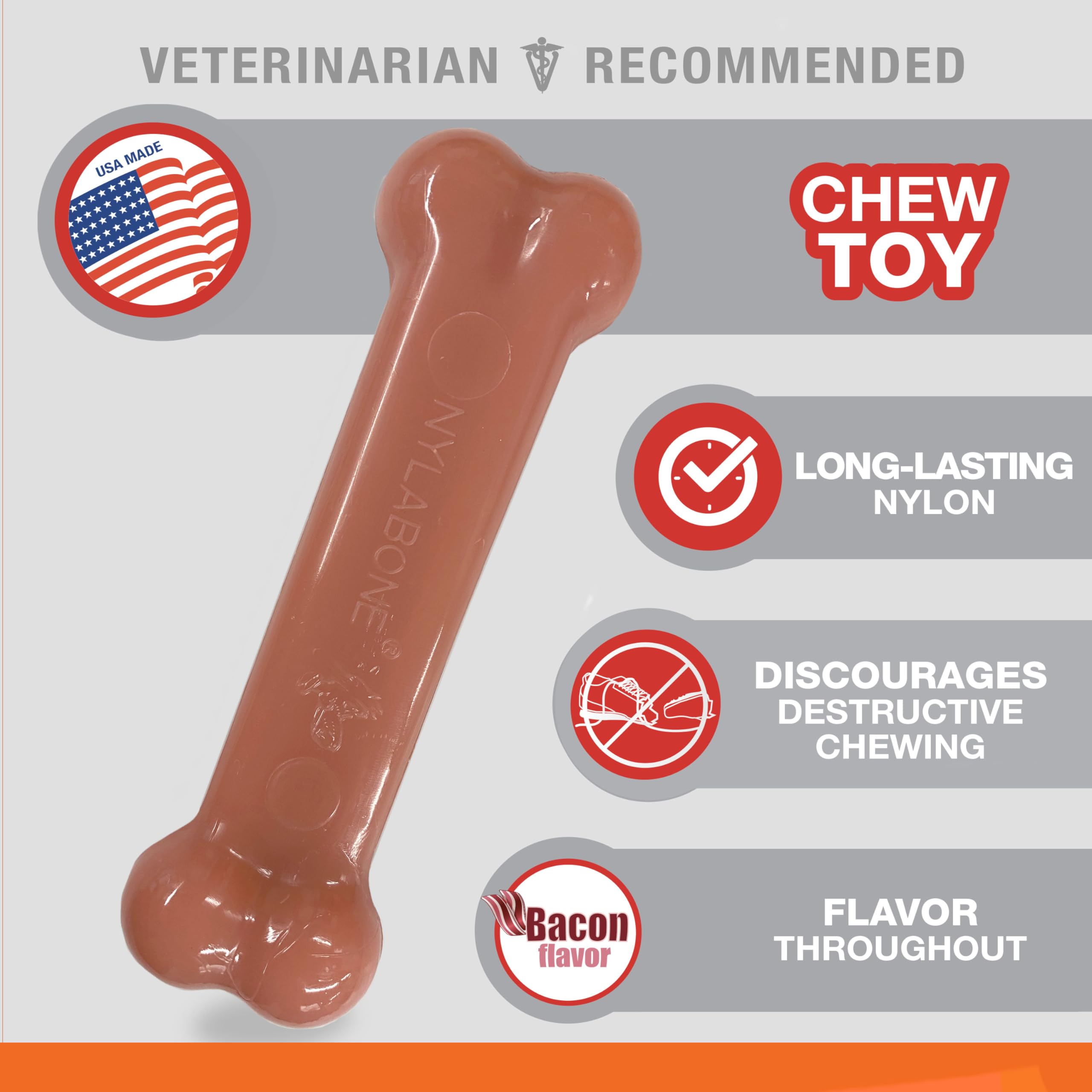 Nylabone Original Bone Power Chew Toy for Dogs, Durable Dog Toys for Aggressive Chewers, Basted Blast Bacon & Chicken Flavor, Me
