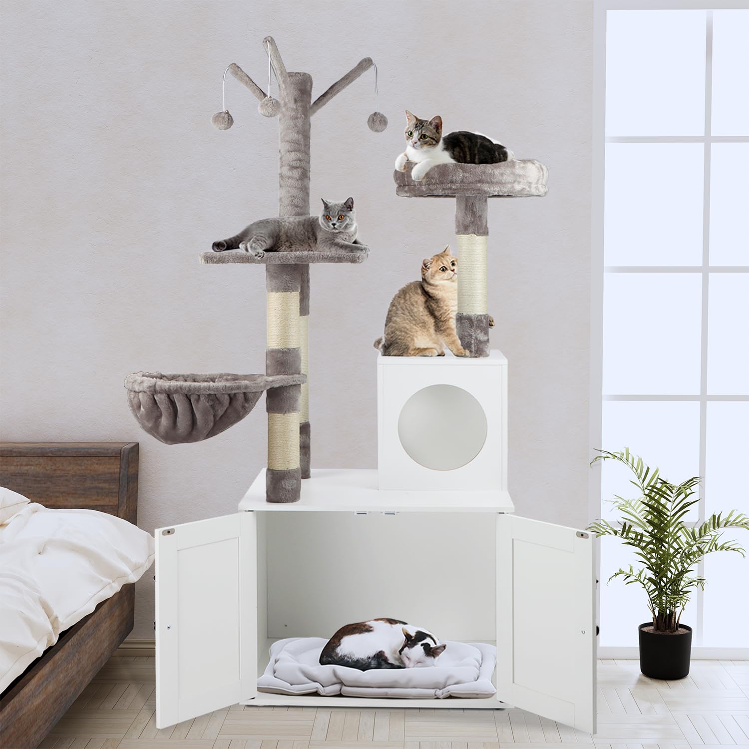 Timberer Cat Litter Box Enclosure & Tree, 2-in-1 Modern Condo, Engineered Wood, 19.7"D x 23.6"W x 61"H, White