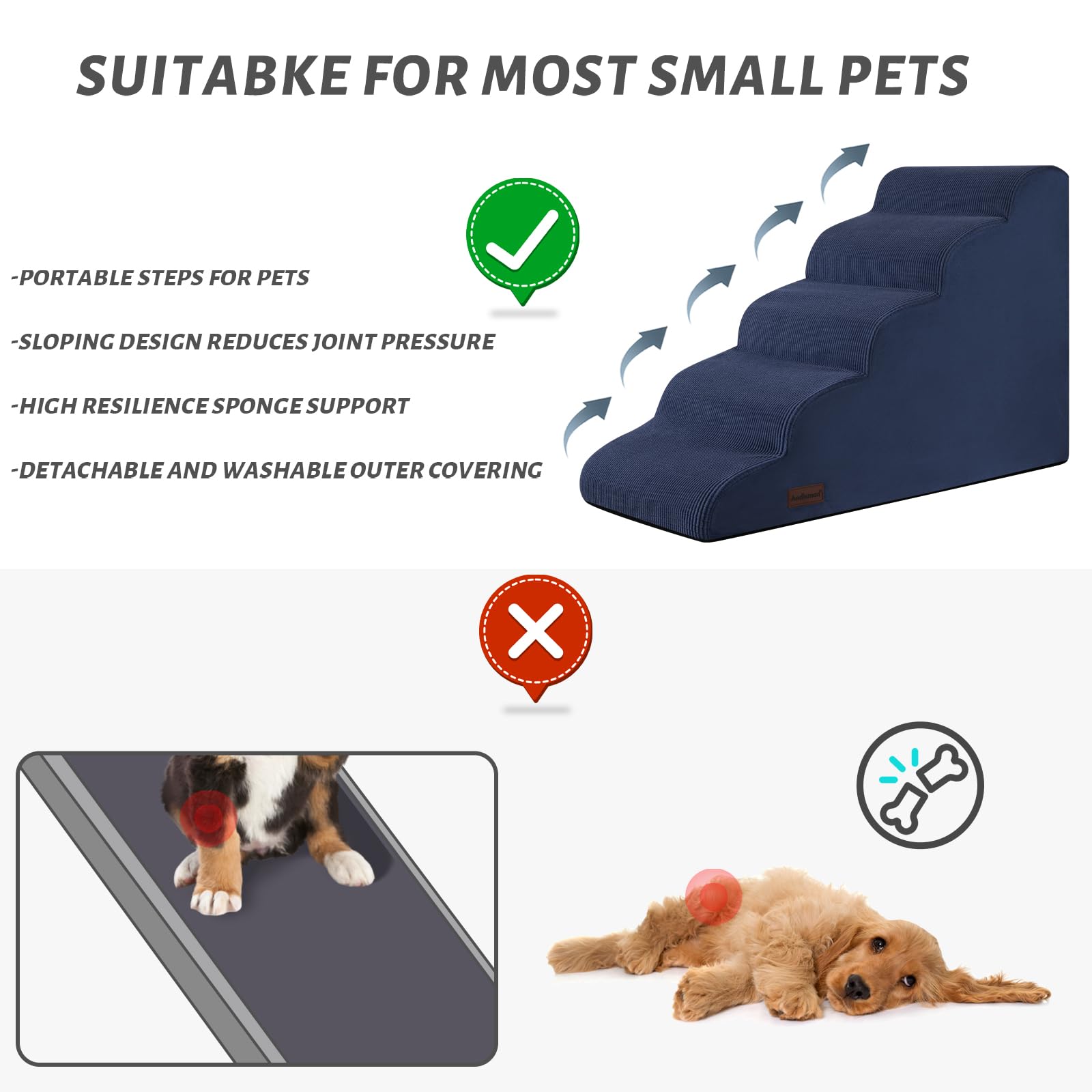 Aodisman 5-Step Dog Stairs & Ramp, Non-Slip Foam Pet Steps, 22.2" H, Blue