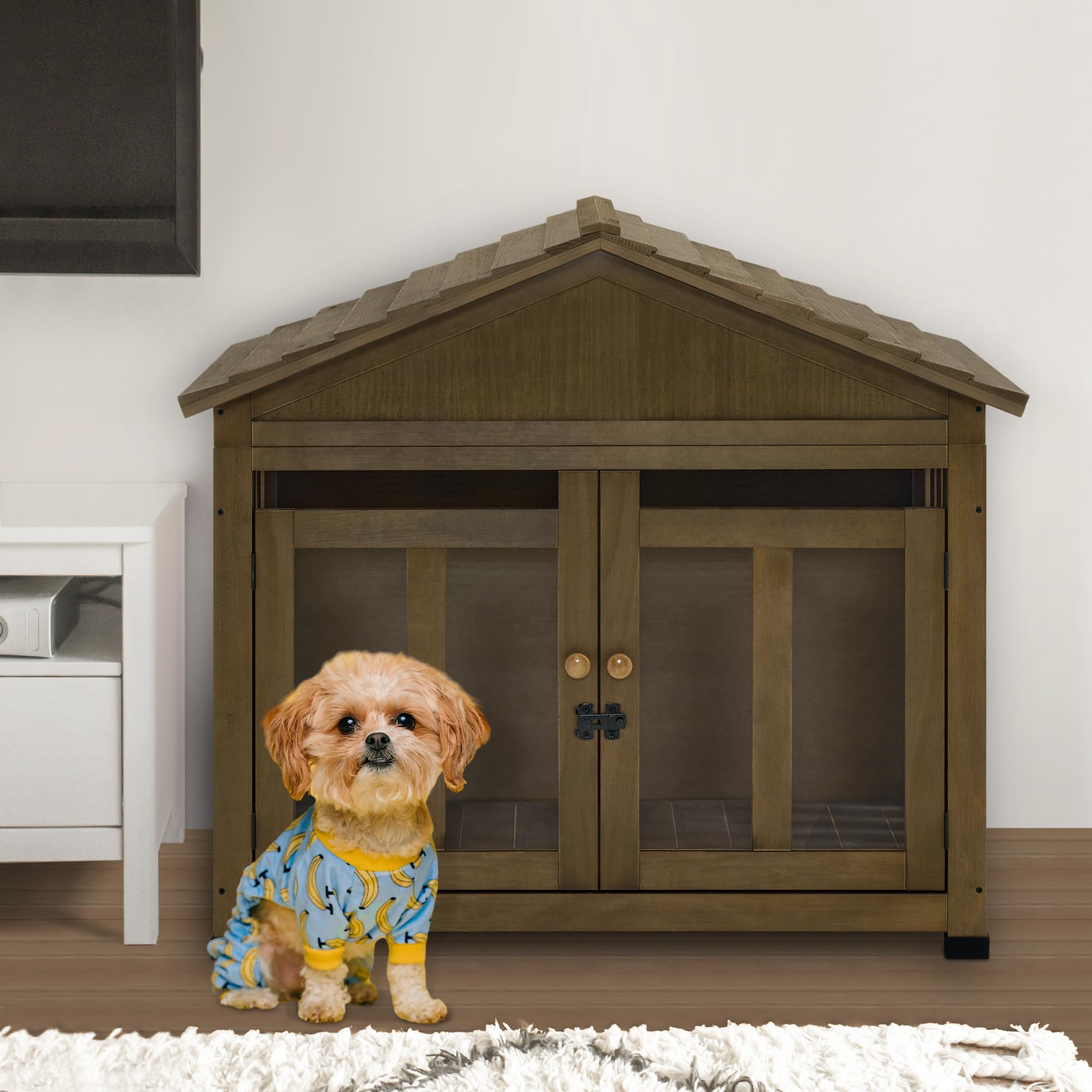 MCombo Wooden Dog House, Solid Wood Indoor Kennel for Small/Medium Dogs, JD54, Brown, Medium