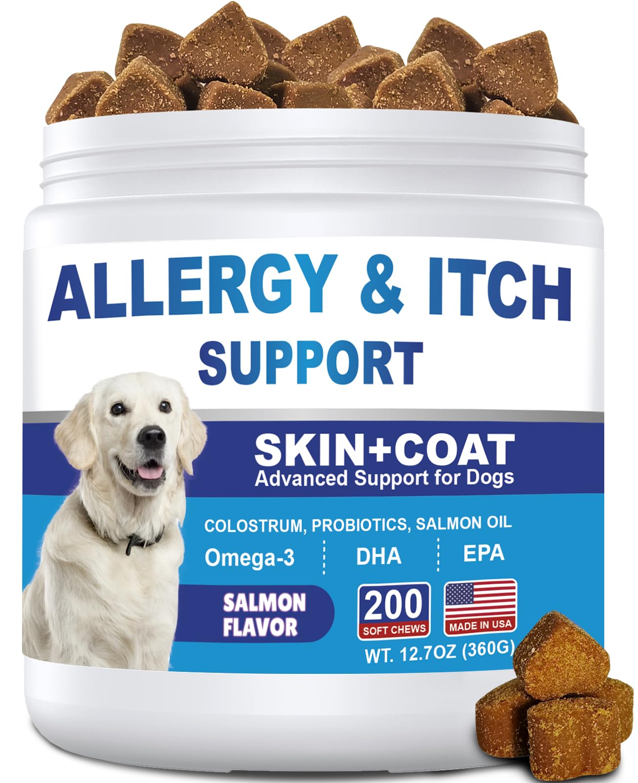 Dog Allergy Chews 200ct, Dog Allergy and Itching Skin Relief Bites AntiItch Skin & Coat Supplement Immune Support with Colostru