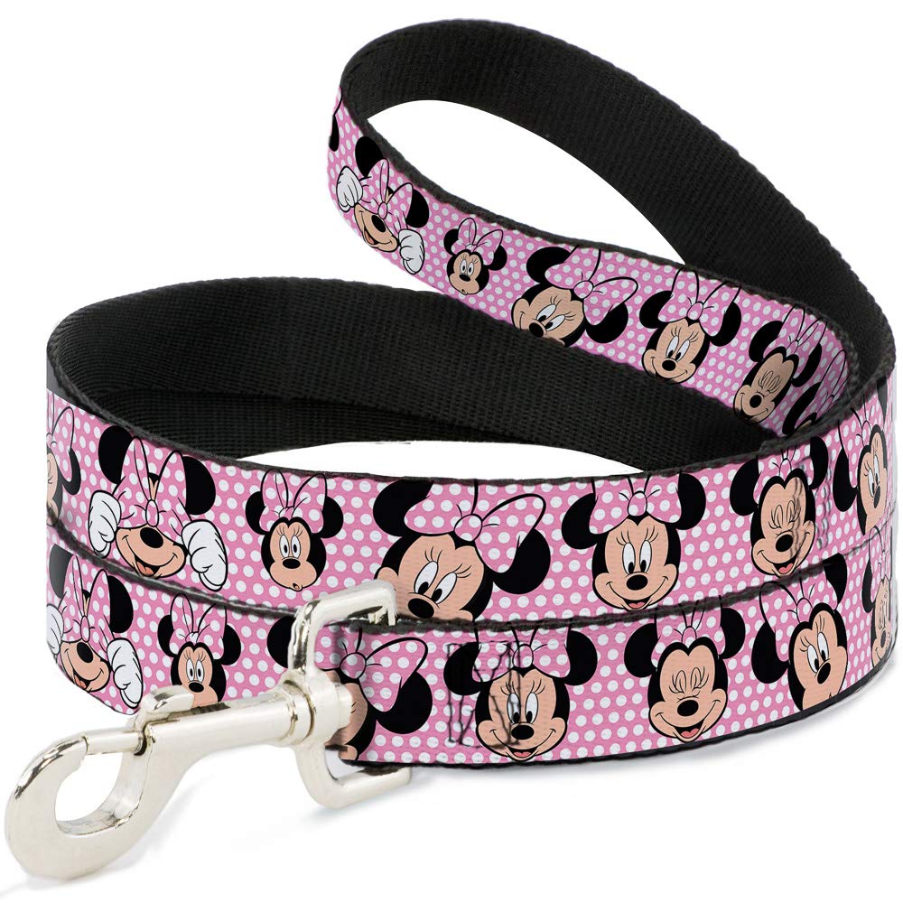 Buckle-Down Pet Leash - Minnie Mouse Expressions Polka Dot Pink/White - 6 Feet Long - 1' Wide