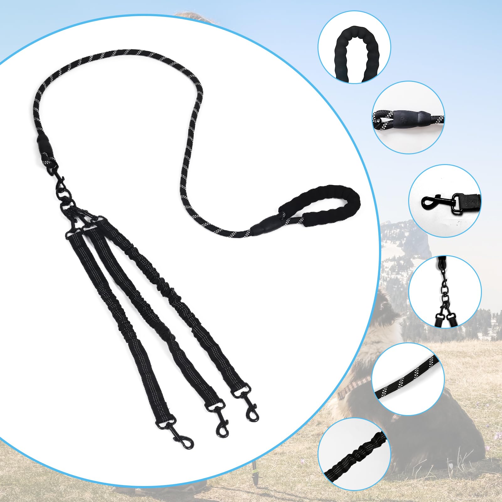Dog Double Leashes,3-In-1 Pet Leash For Multiple Pets - Heavy Duty Dog Cat Lead With Reflective Stripes, Comfort Grip & Durable