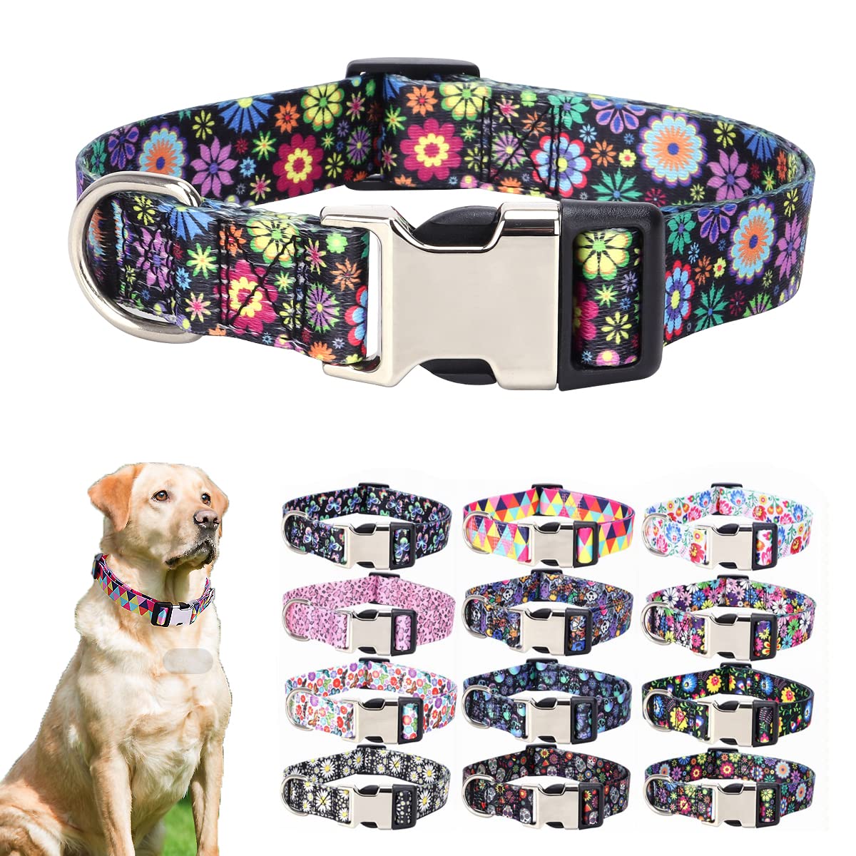 Colorful Flower Dog Collars For Medium Dogs, Pretty Pattern Print Floral Dog Collar Metal Buckle Durable Soft Female Dog Collars