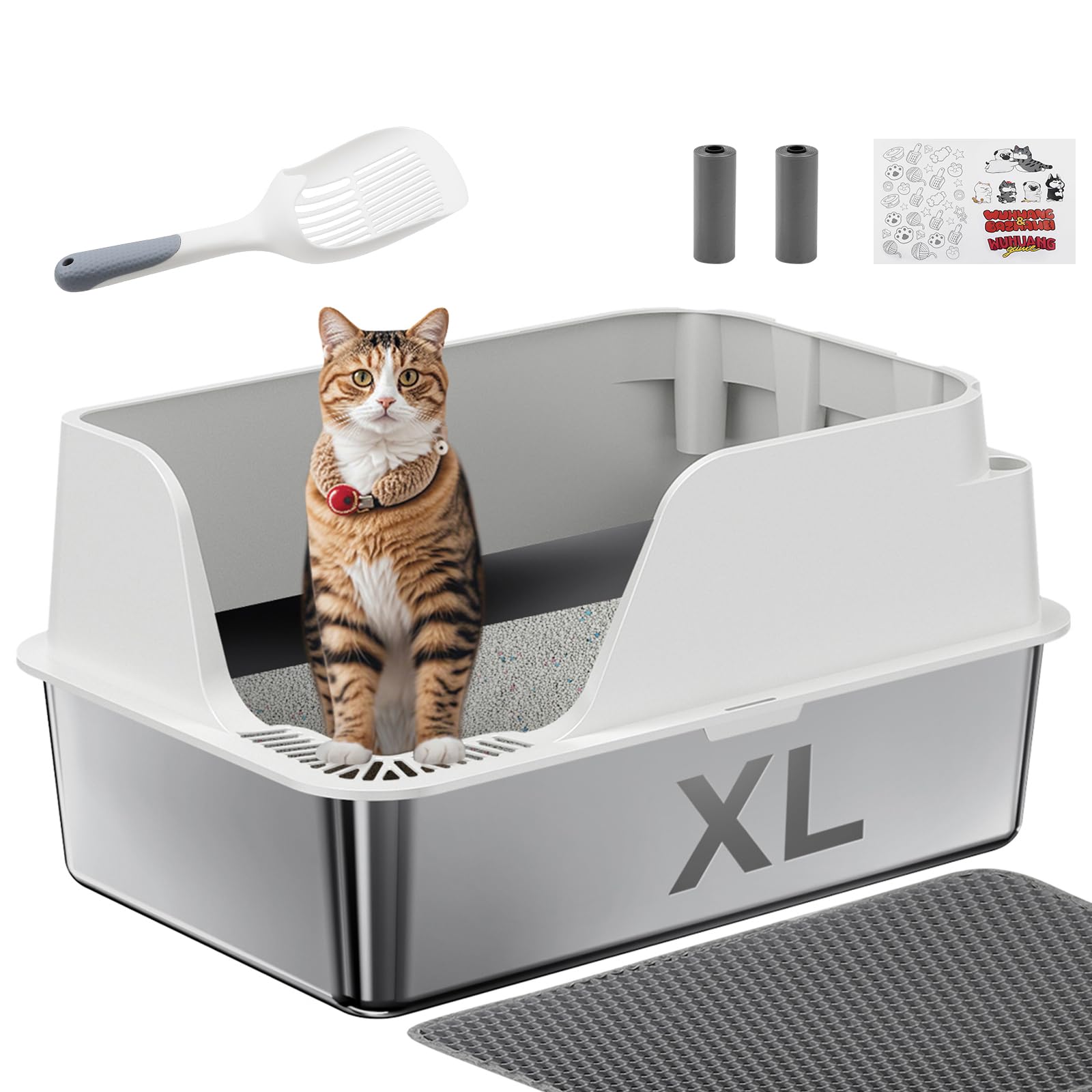 Stainless Steel Litter Box With Lid, Xl Extra Large Metal Litter Box For Big Cats, With High Sided, Anti Leakage,Odor-Free & Eas