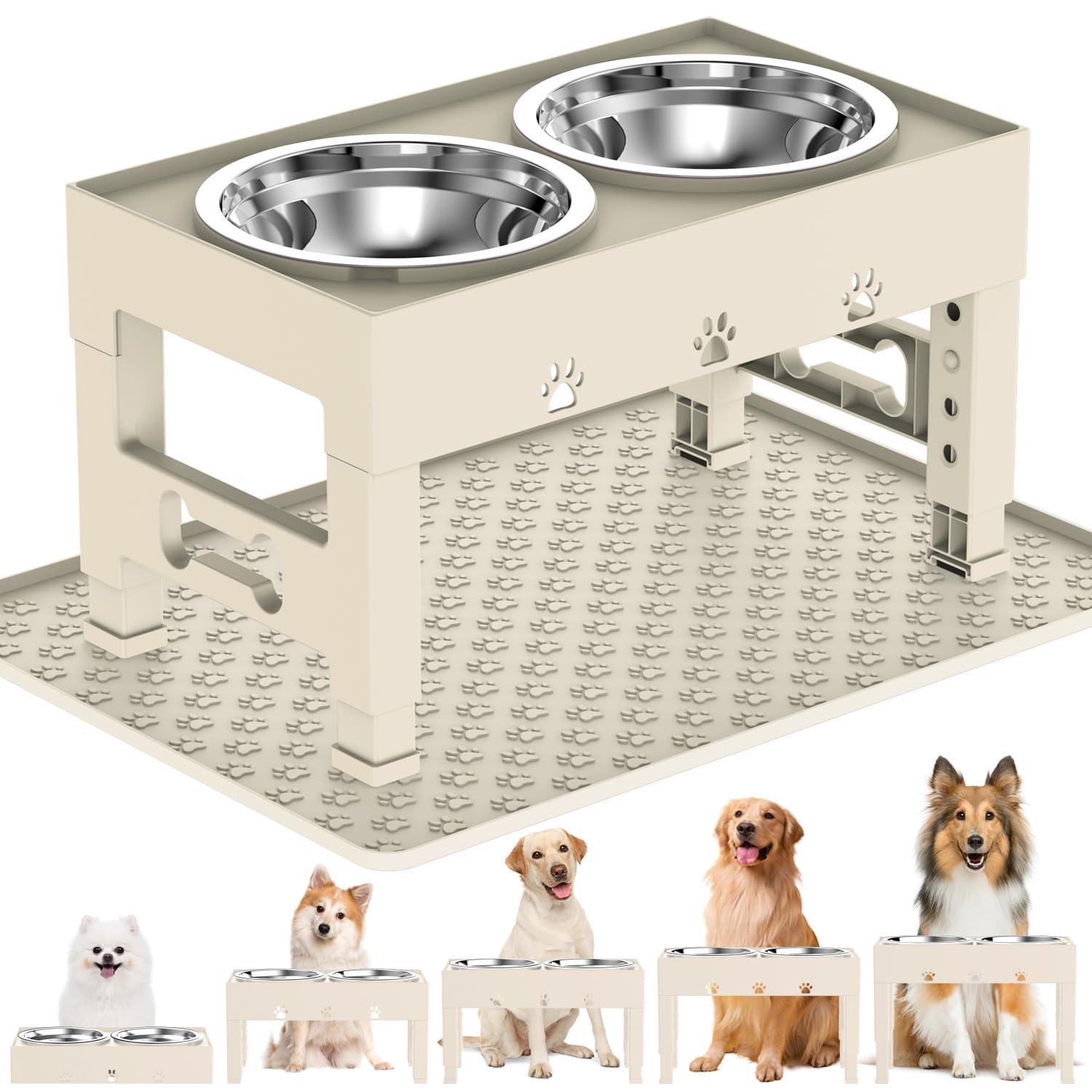 LAKIPETN Elevated Dog Bowls with Mat, Raised Dog Food Bowl Stand with 2 Stainless Steel Bowls, 5 Height Adjustable (3.1 , 9 , 10