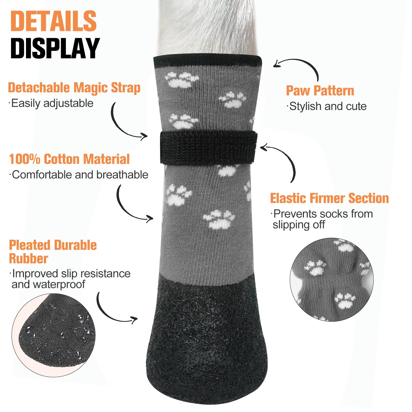 BEAUTYZOO Dog Socks Boots, Waterproof Grip Paw Protectors, Large, Grey Paw Pattern, 80% Cotton for Hot/Cold Pavement & Hardwood Floors