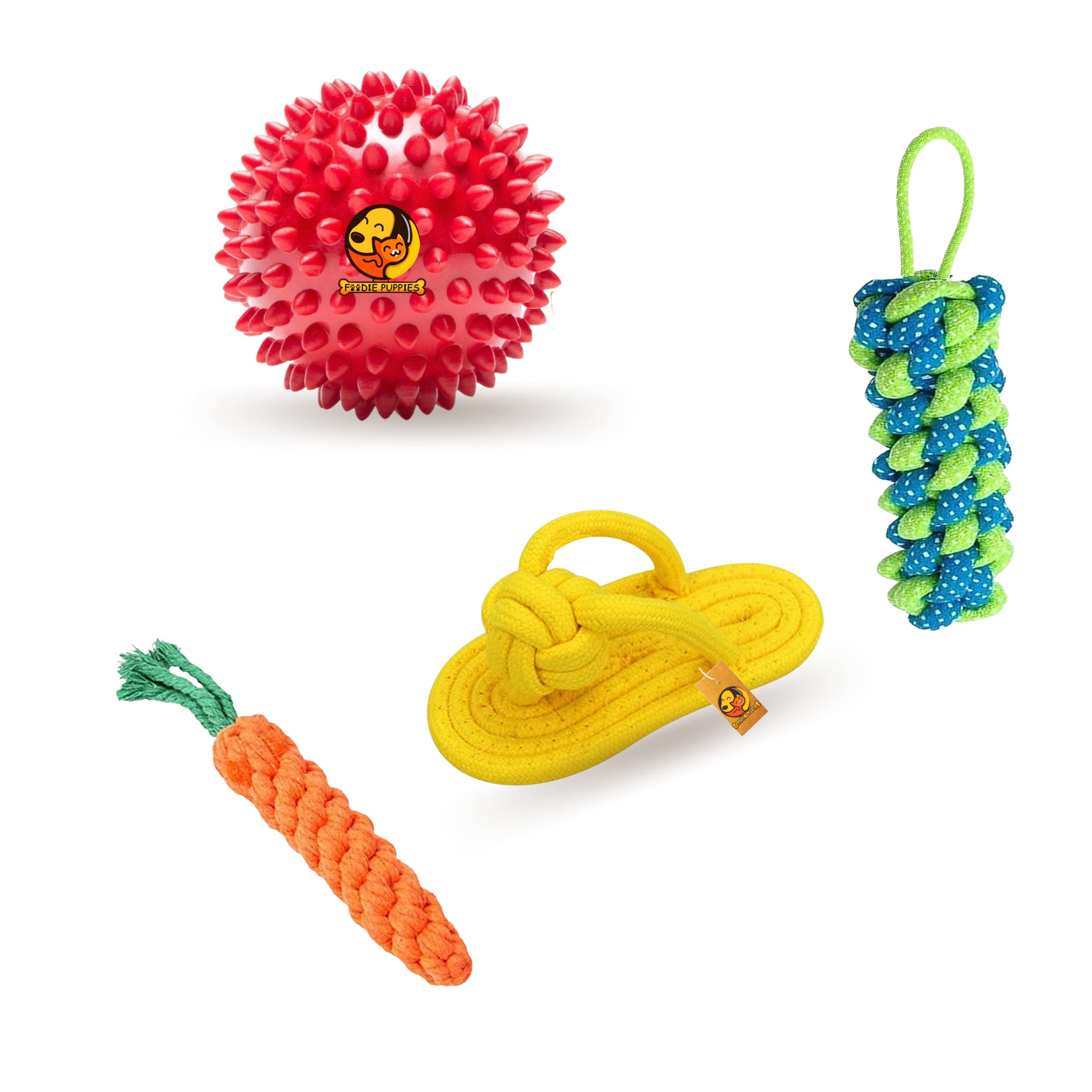 Foodie Puppies Dog Chew Rope Toys 4In1 Combo For Dogs (Carrot + Cornstick+ Slipper + Spike Ball) | Knotted Cotton Chew Dog Toys 