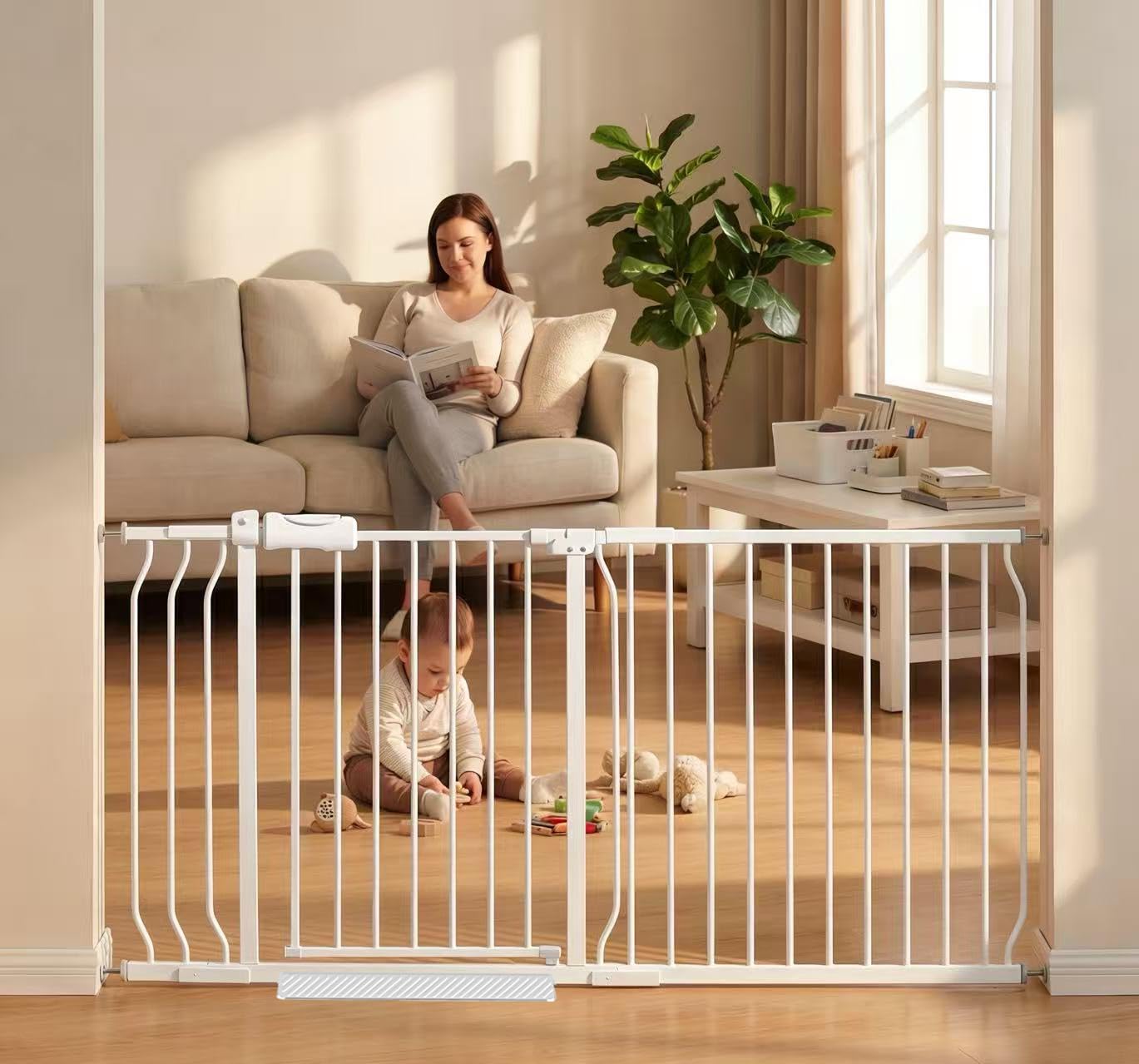 COSEND Extra Wide Baby Gate Tension Indoor Safety Gates White Metal Large Pressure Mounted Pet Gate Walk Through Long Safety Dog