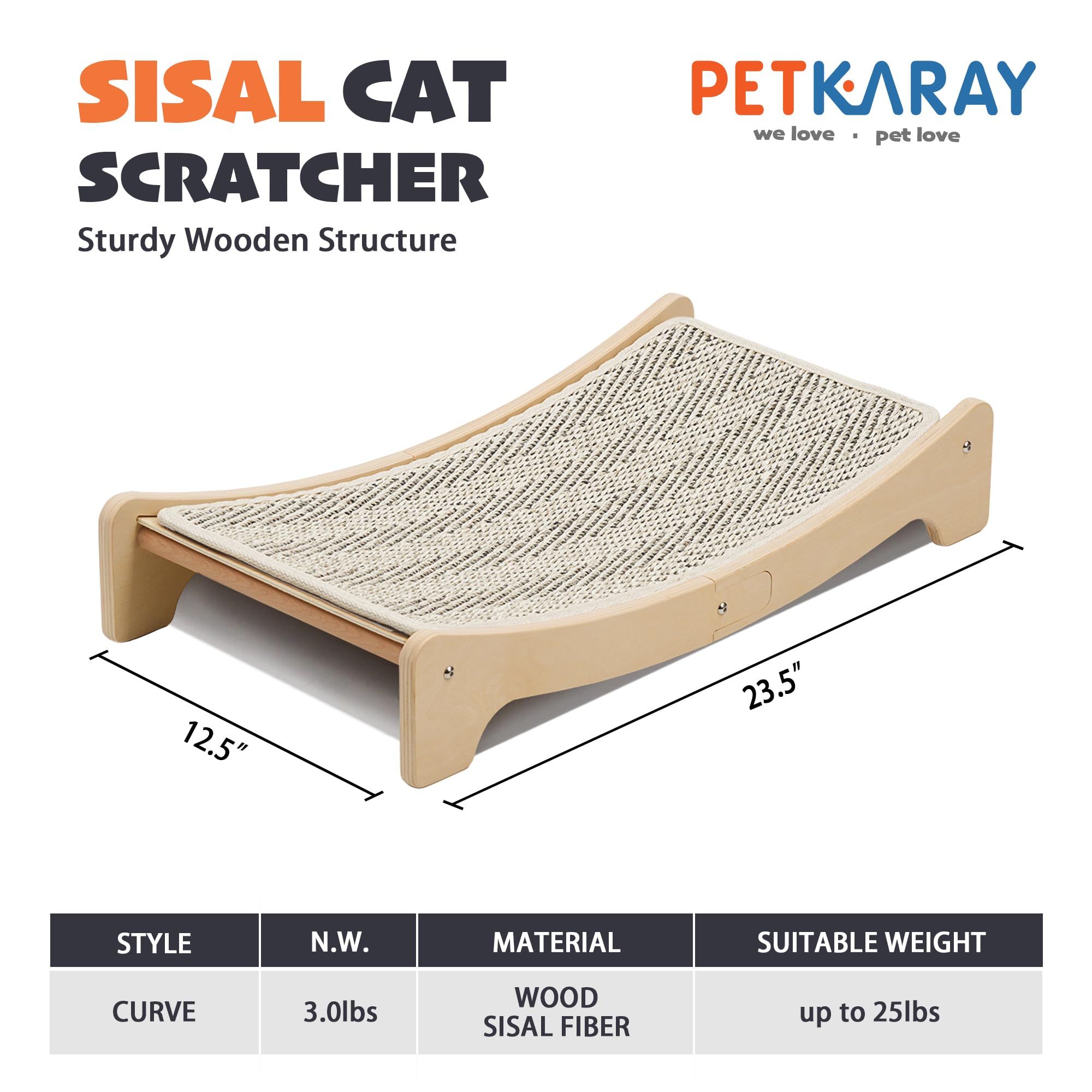 Petkaray Sisal Cat Scratching Board, Curved Sisal Cat Scratcher, Large Indoor Kitty Scratch Pad, Heavy Duty Arc Lounge Bed For K