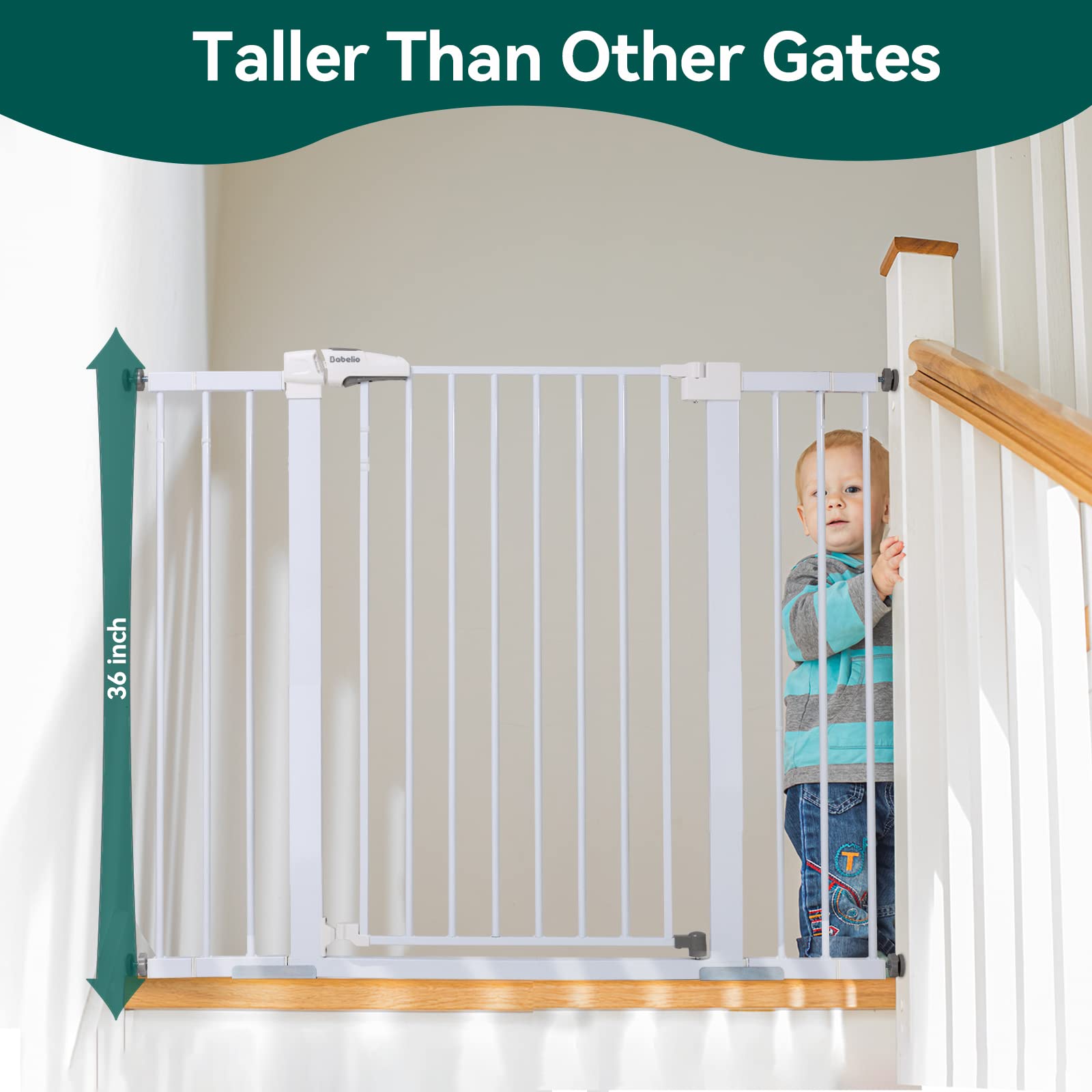 Babelio 36' Tall Baby Gate, 29-48' Auto Close Pressure Mounted Dog Gate For Stairs, Doorways & Hallway, Protector Basics Easy Walk Thru Pet Gate, Metal Child Gate With 2*Y Spindle Rods, White