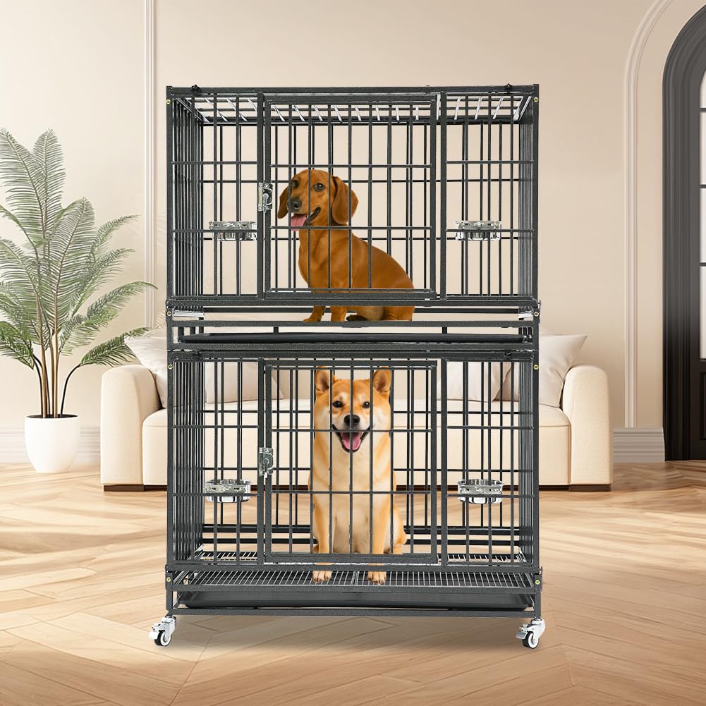 Homey Pet 37 Inch Heavy Duty Dog Crate Indestructible, Collapsible Dog Cage With Lockable Wheels, Removable Tray, High Anxiety D