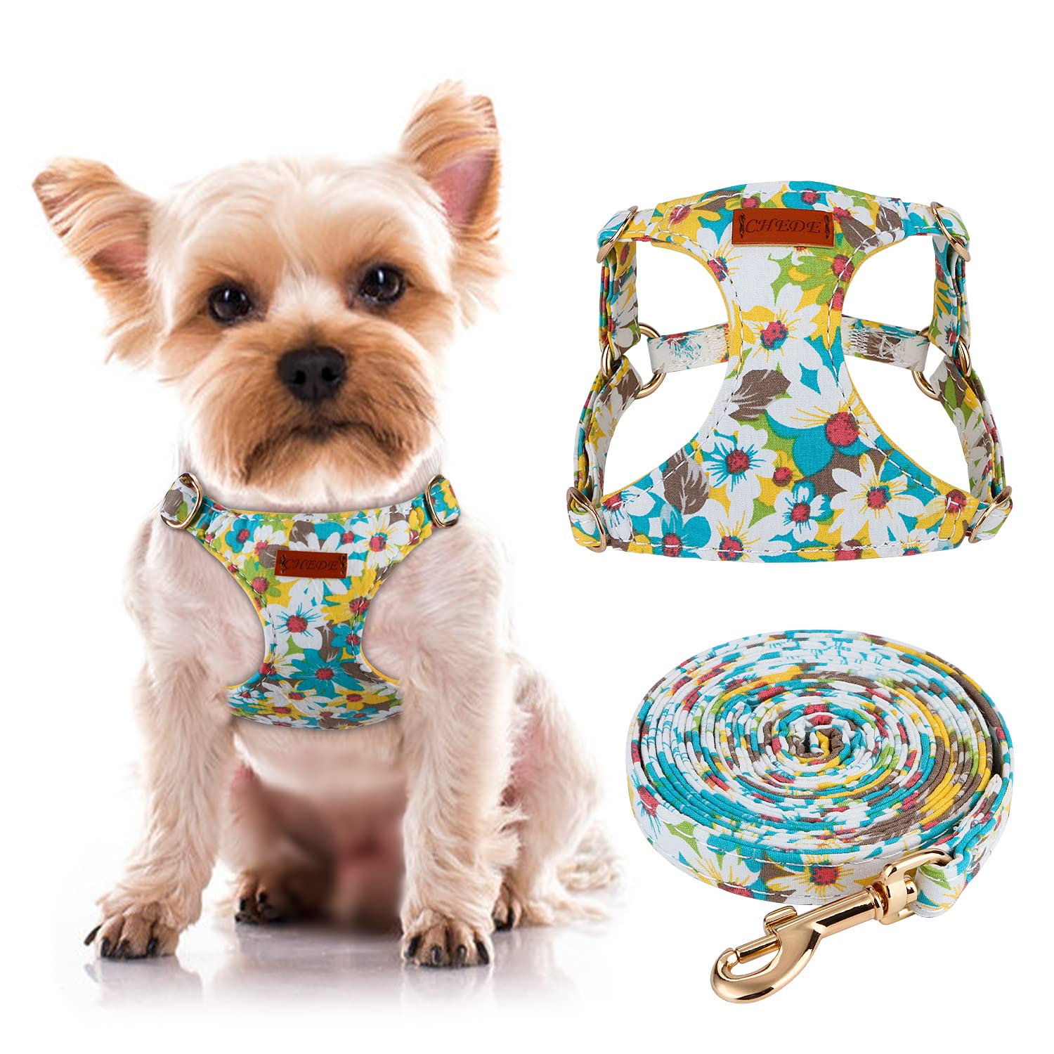 Chede Floral Yellow Daisy Dog Harness (Xs, Small Dogs), Soft Breathable Cotton, Adjustable, No-Pull, With 360 Rotating Clasp Lea