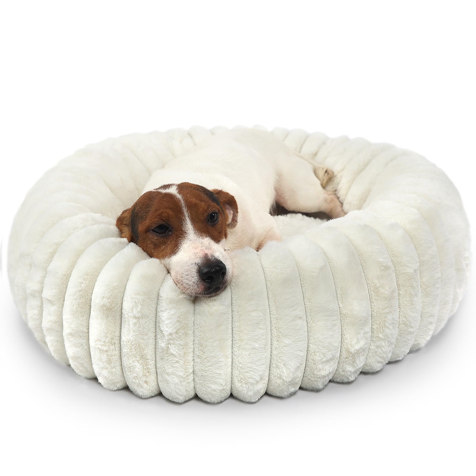 Donut Small Dog Bed Washable - Dog Beds For Small Dogs And Cats With Corduroy Fleece & Anti Slip Bottom, Calming Round Faux Fur 