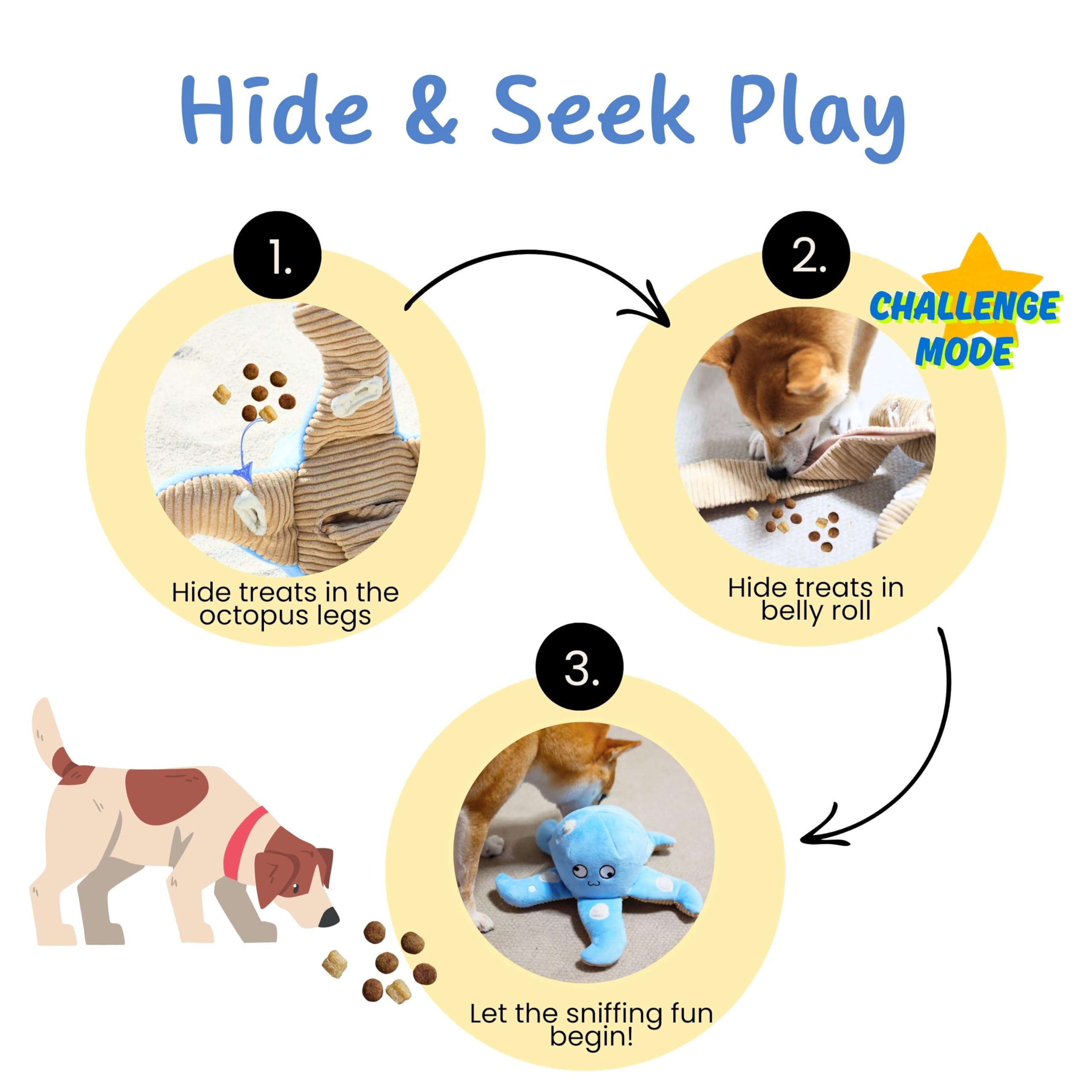 Pawfoo Lab Interactive Snuffle Octopus Dog Puzzle Toy, Plush & Durable, Treat Dispenser, Blue, for Small to Large Dogs, Model PL-2-1