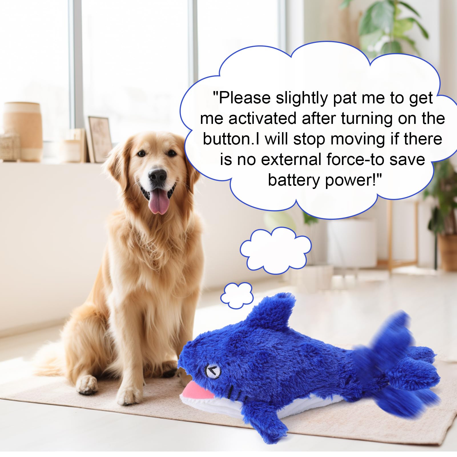 Mity rain Shark Dog Toy - 2 in 1 Interactive Plush Squeaky Toy, Rechargeable Wiggly Fish for Small to Large Dogs, Blue