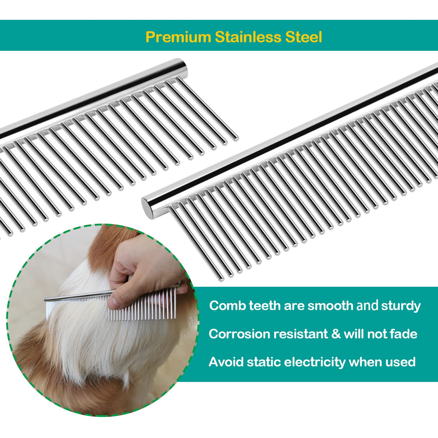 Elfirly 3 Pack Dog Combs For Grooming Matting, Metal Cat Comb With Round Ends, Stainless Steel Pet Grooming Comb For Removing Tangles And Knots For Long And Short Haired Dog (7.4 Inches)