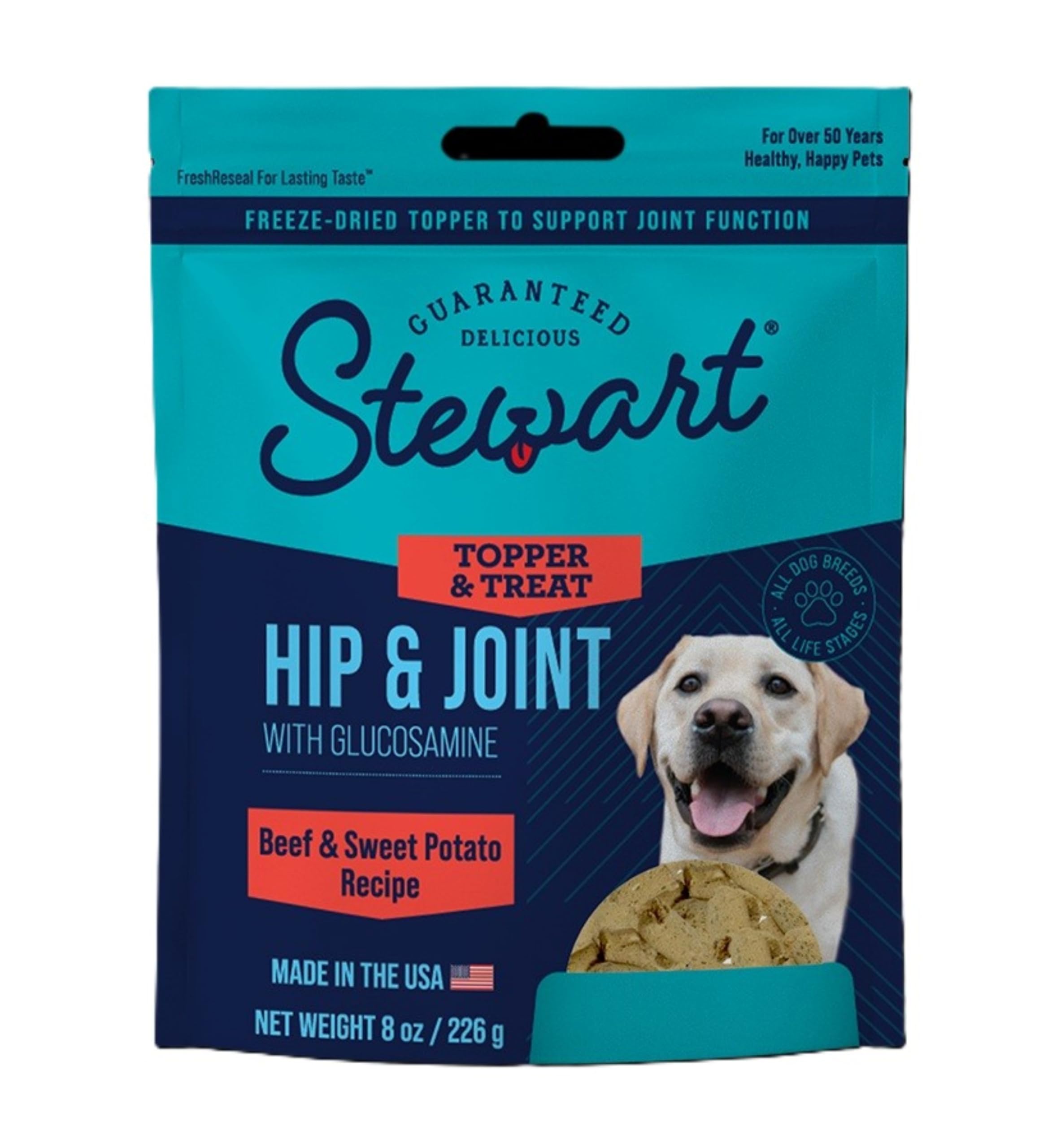 Stewart Freeze Dried Dog Food Topper, Hip and Joint, Beef and Sweet Potato Recipe, 8 Ounce Pouch, Glucosamine for Healthy Joints