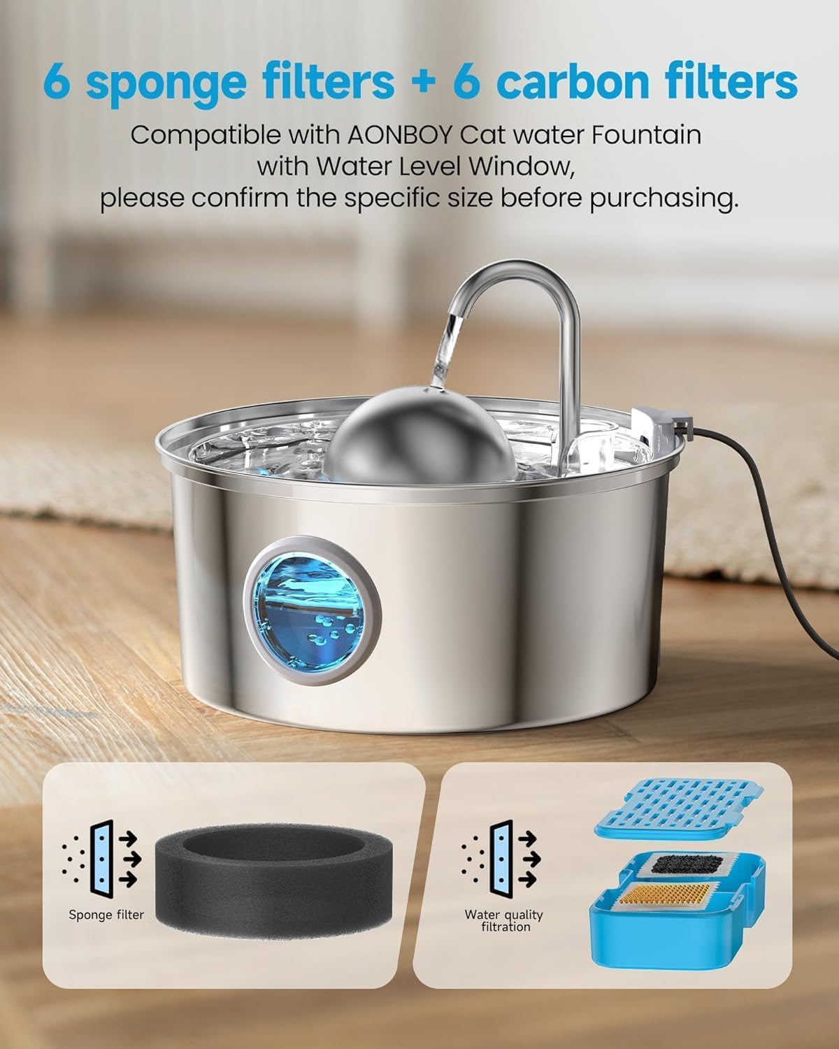 Cat Water Fountain With Water Level Window, Aonboy 108Oz/3.2L Cat Fountain, Dog Water Fountain Stainless Steel, Hemispherical Sh