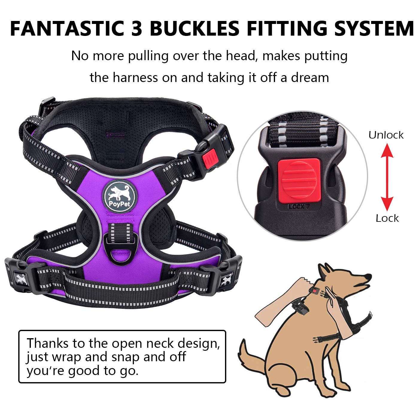 Poypet No Pull Dog Harness, No Choke Front Clip Dog Reflective Harness, Adjustable Soft Padded Pet Vest With Easy Control Handle For Small To Large Dogs(Purple,M)