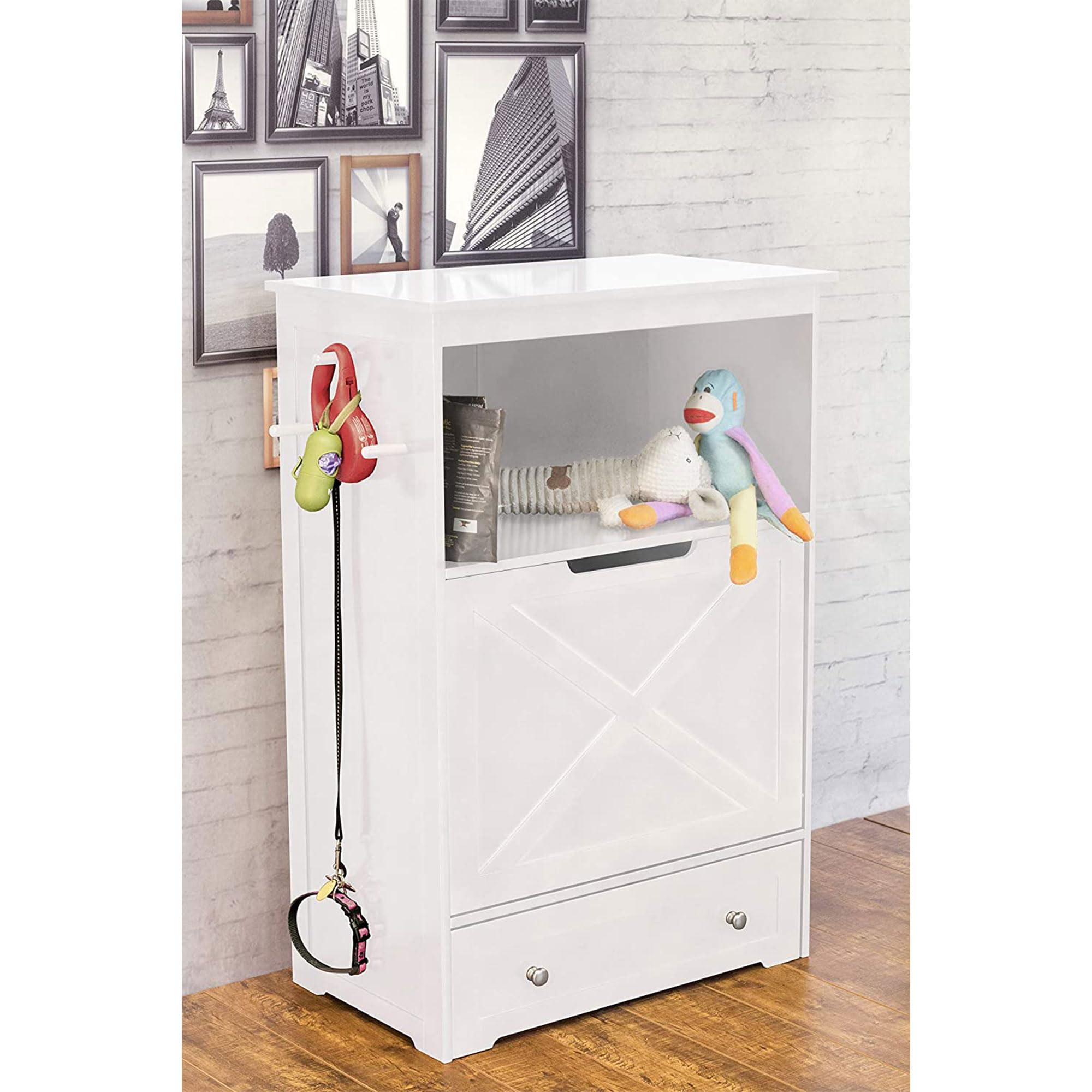zoovilla Pet Feeder Station with Storage - Dog Bowl Stand, 13.78"D x 24.02"W x 35.04"H, White, Model PTF0071720110