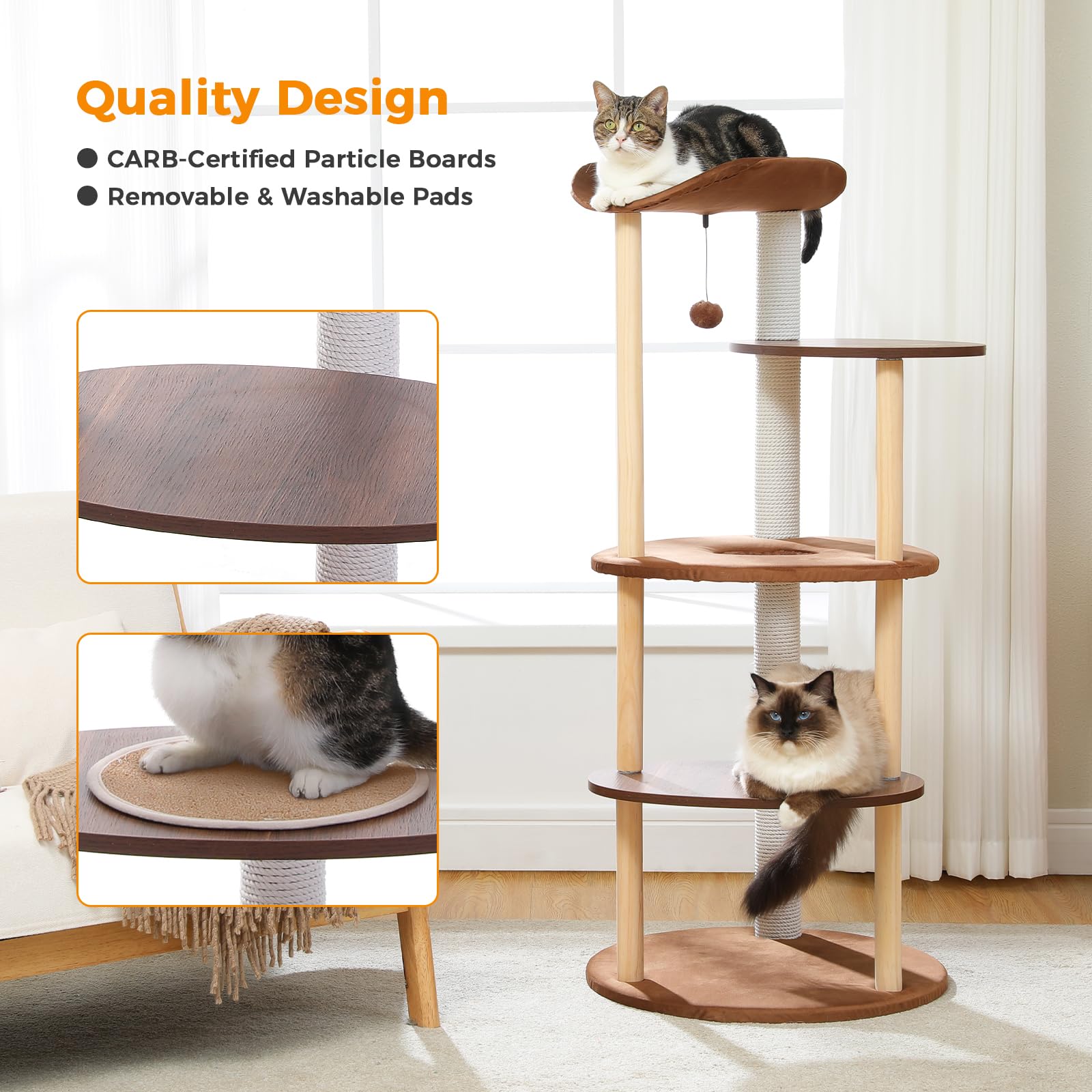 Petepela Wood Cat Tree Tower For Indoor Cats,5-Level Modern Cat Tree Cat Activity Center With Scratching Posts, Brown