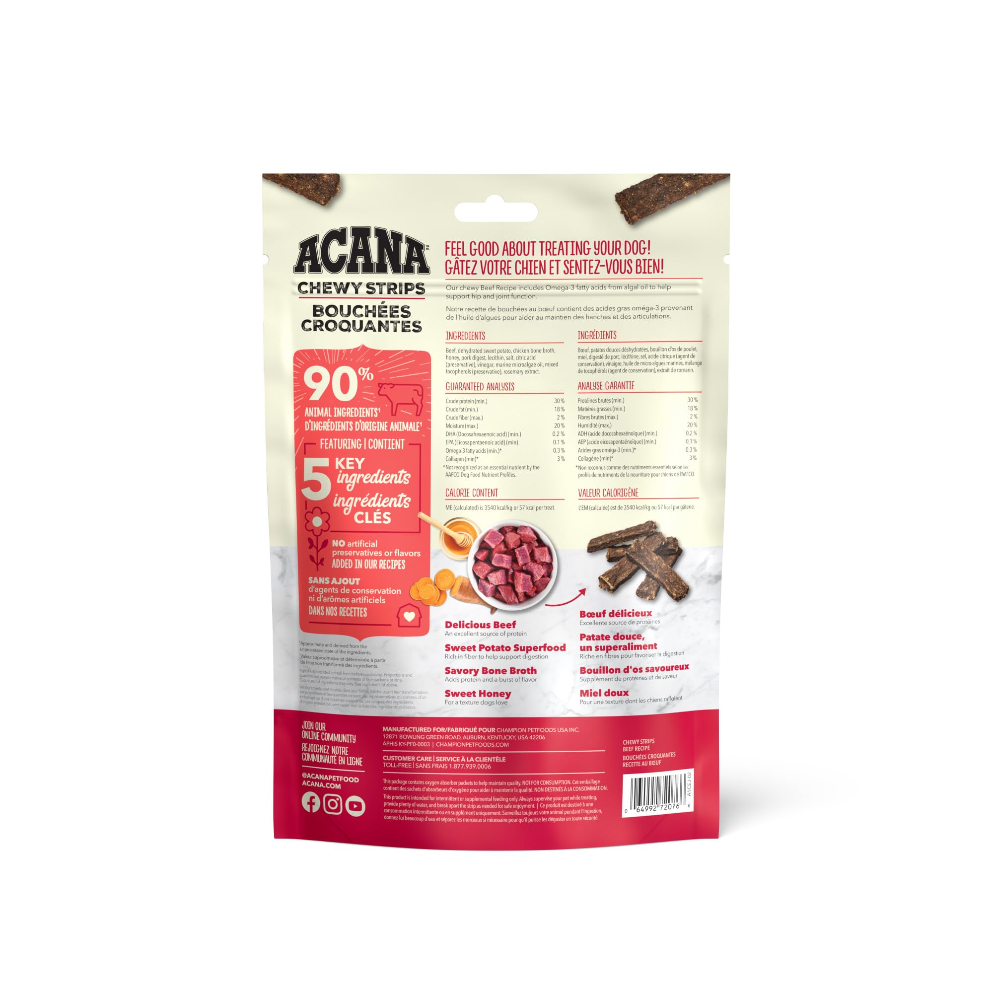 ACANA Chewy Strips Hip & Joint Support Beef Recipe, Dog Treat 4 Oz