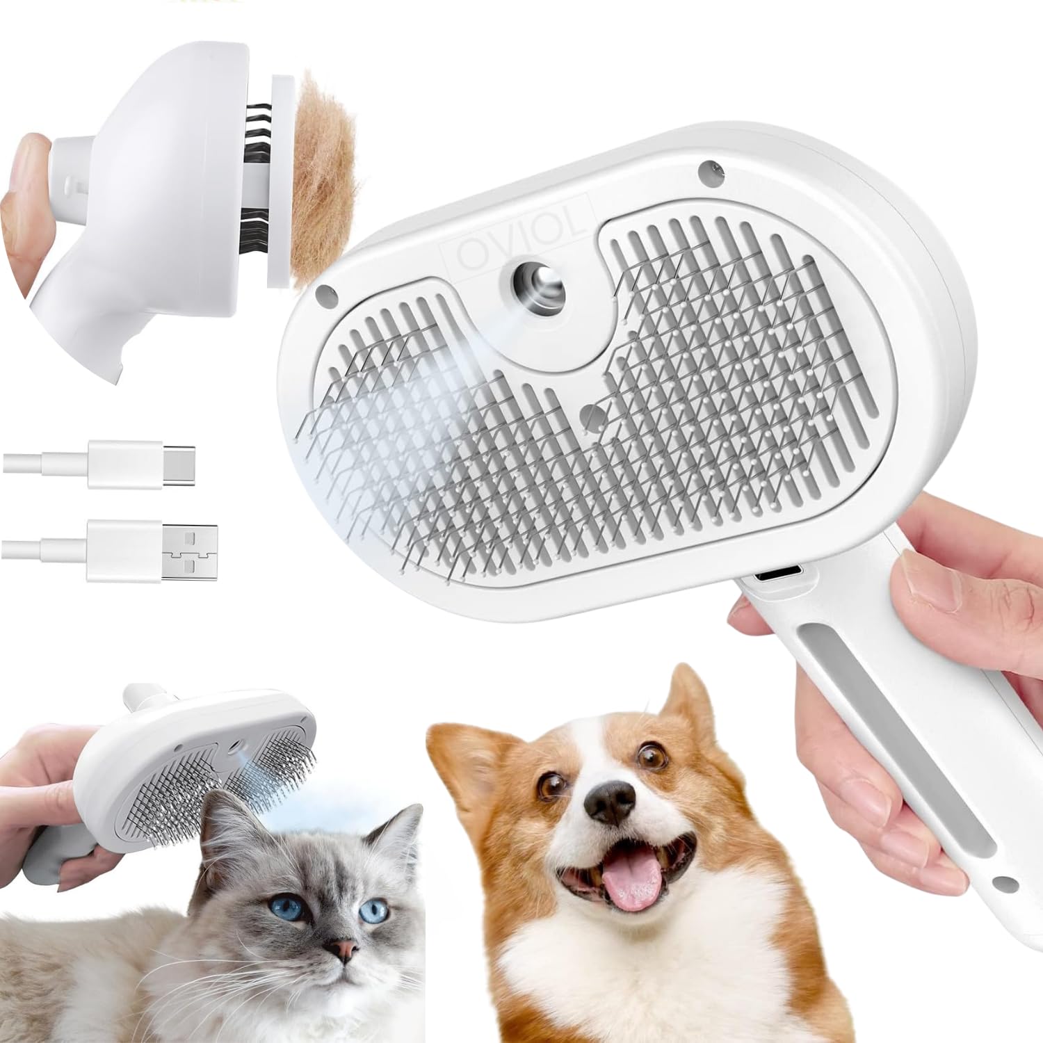 Oviol Pet Steam Brush For Dog & Cat Self Cleaning Updated 3In1 Spray Hair Removal Comb,Steam For Shedding & Grooming,Water Bru