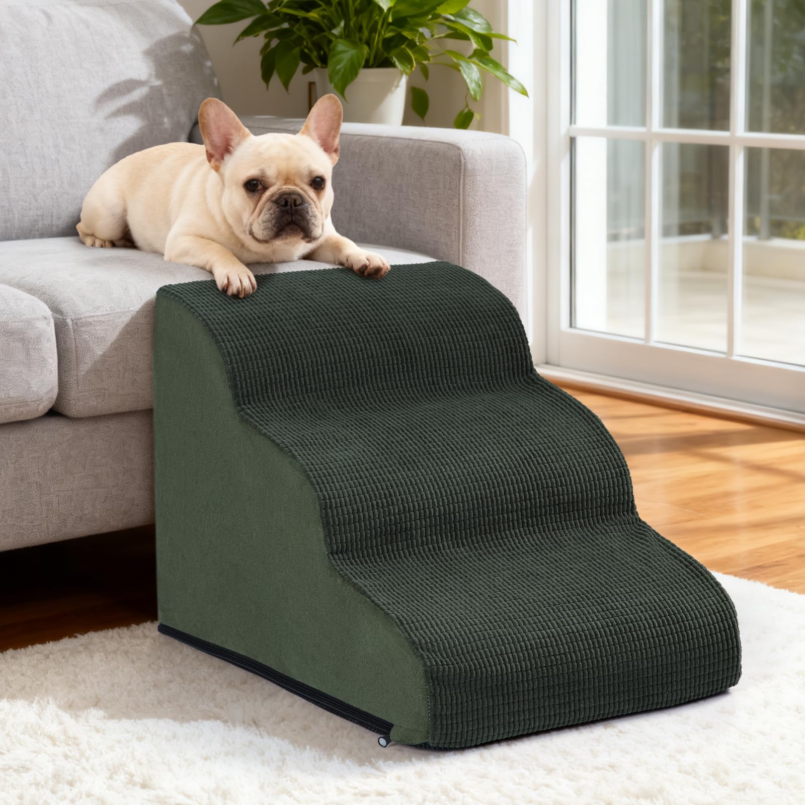 Aodisman 3-Step Dog Ramp and Stairs for Sofa and Chair - Non-Slip Sturdy Pet Steps for Small Dogs and Cats,15.7 H,Green
