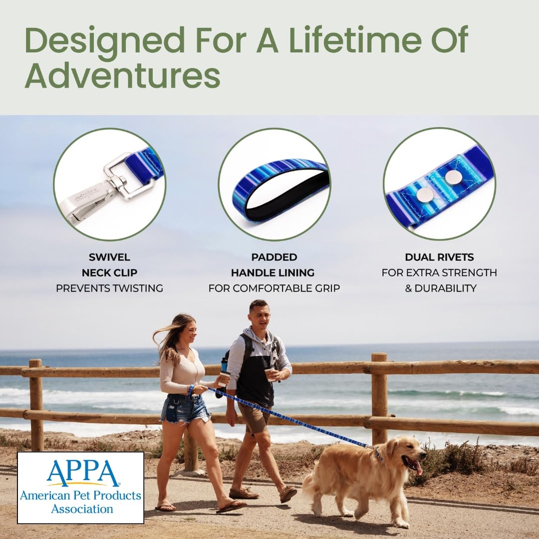 Rubyloo Waterproof Dog Leash - 1" Wide, 6' Long, Washable, Blue Ocean, Soft Padded Handle, Rust-Resistant Zinc Alloy Clip, Model 1007