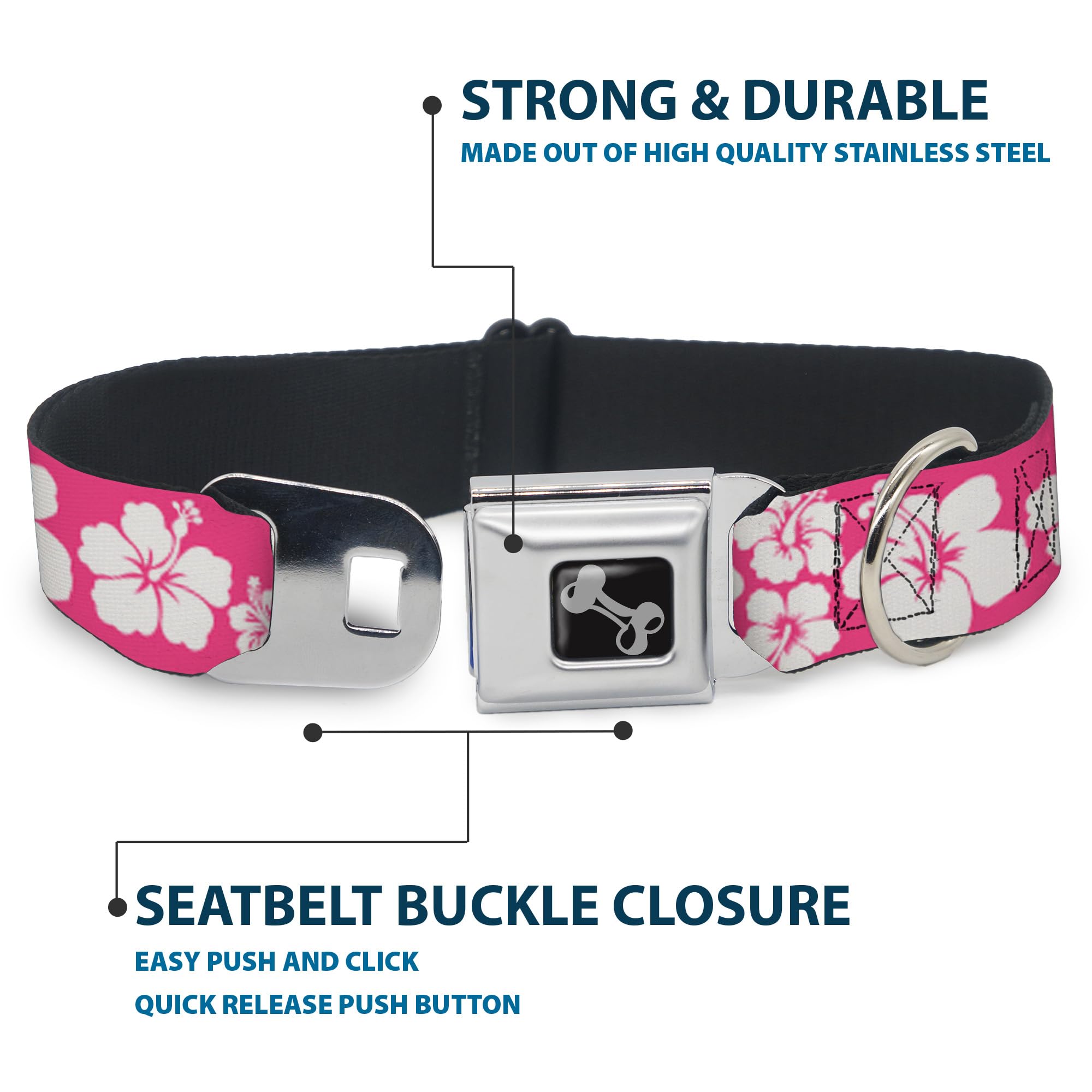 Buckle-Down Seatbelt Buckle Dog Collar - Hibiscus Neon Pink/White - 1' Wide - Fits 11-17' Neck - Medium (Dc-W30853-M)