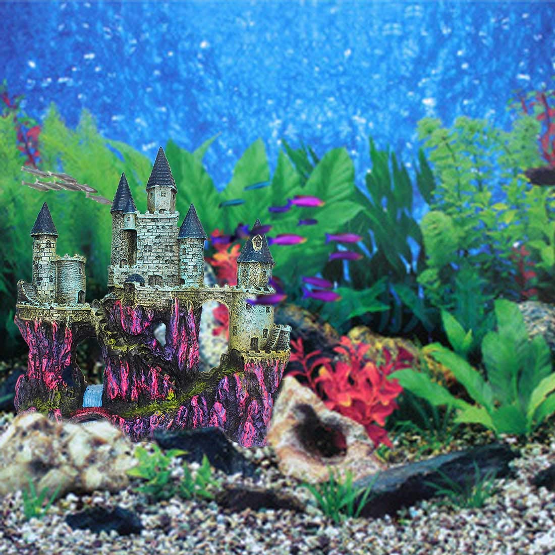 PINVNBY Aquarium Resin Castle Decoration - Purple Driftwood Cave Hideout for Fish Tanks and Plants