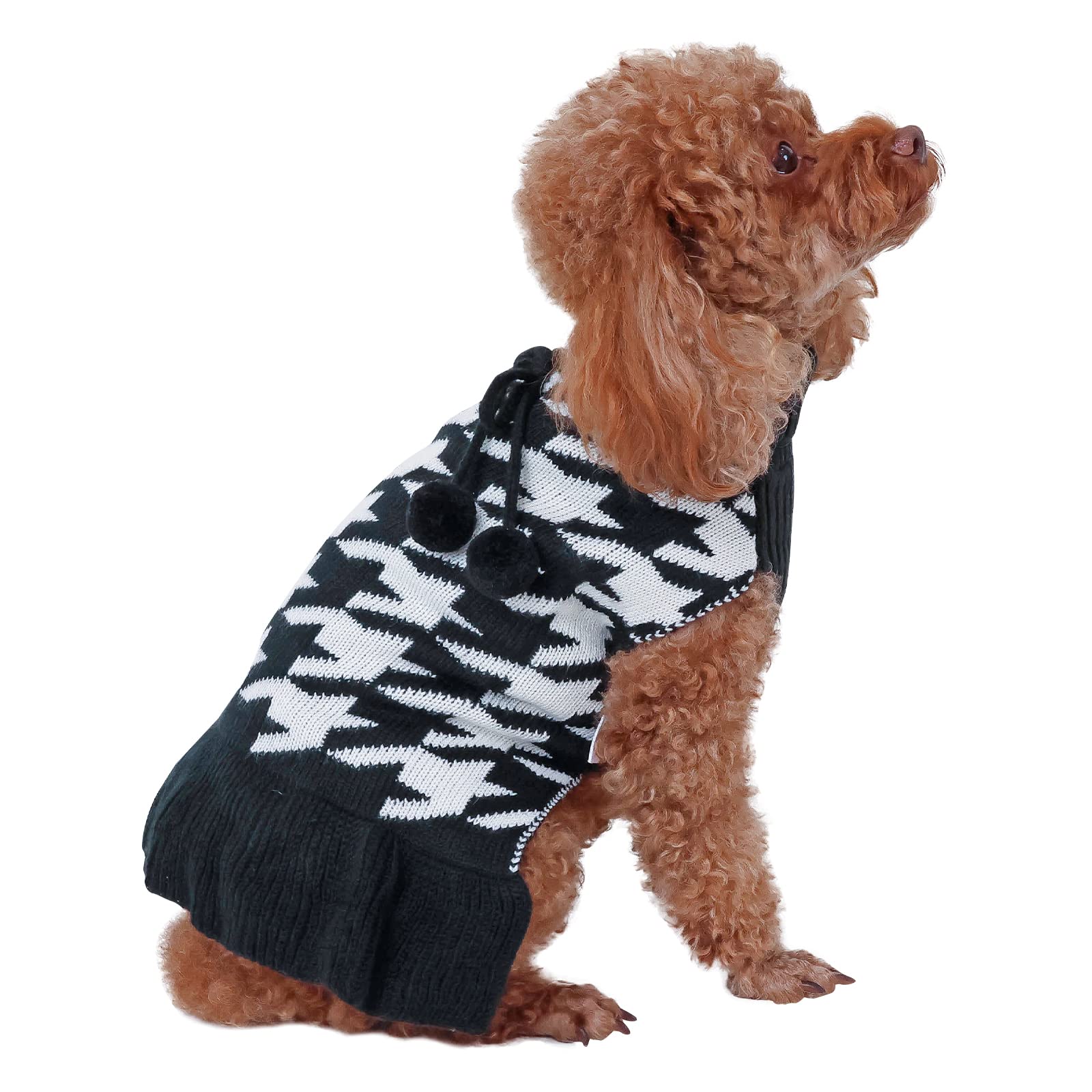 Cutebone Vintage Houndstooth Dog Sweater Dress Dog Turtleneck Pullover Knitwear Cold Weather Sweater With Leash Hole,Suitable Fo